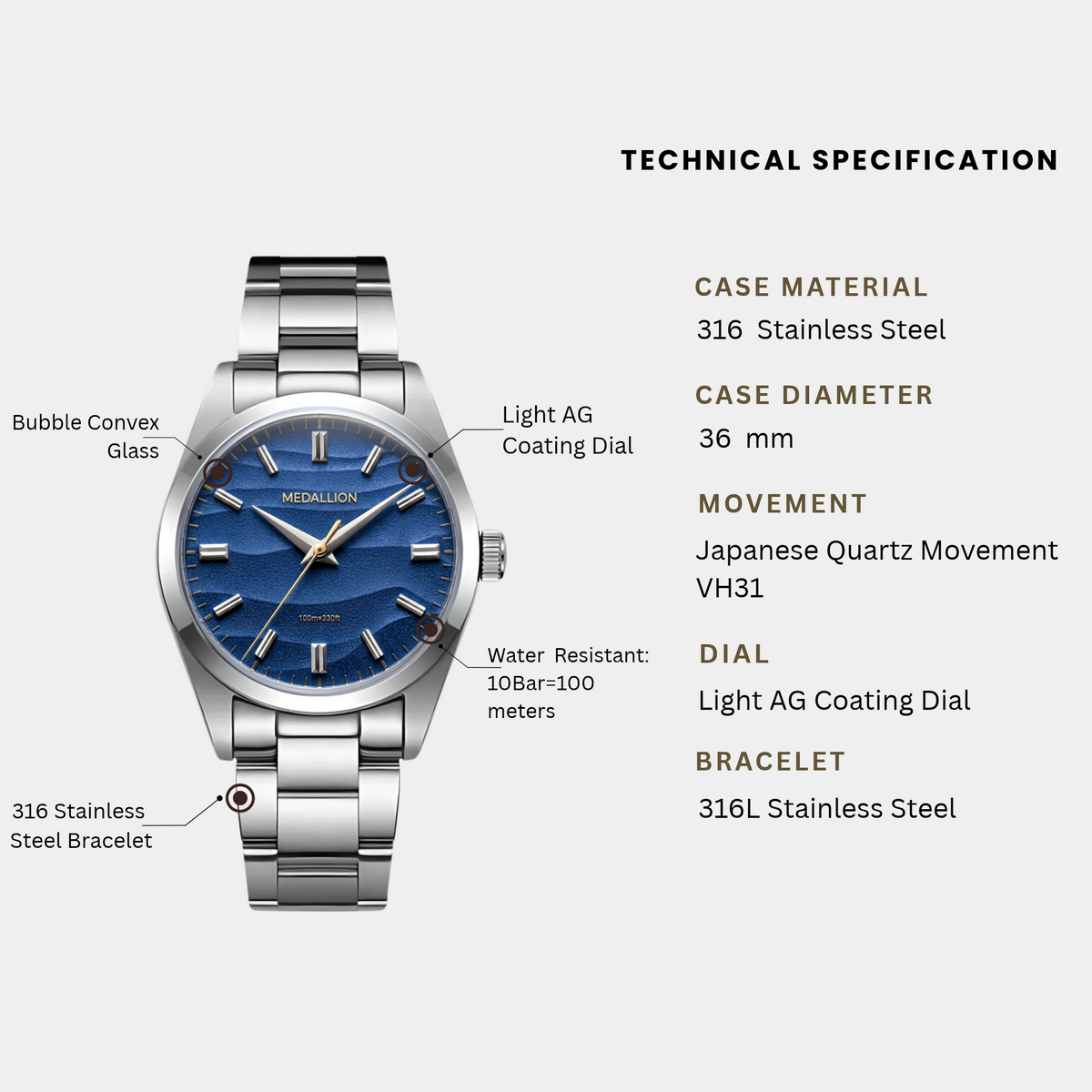 MEDALLION Tarang with Japanese Seiko VH31 Movement | Ratnakar - Ocean Blue