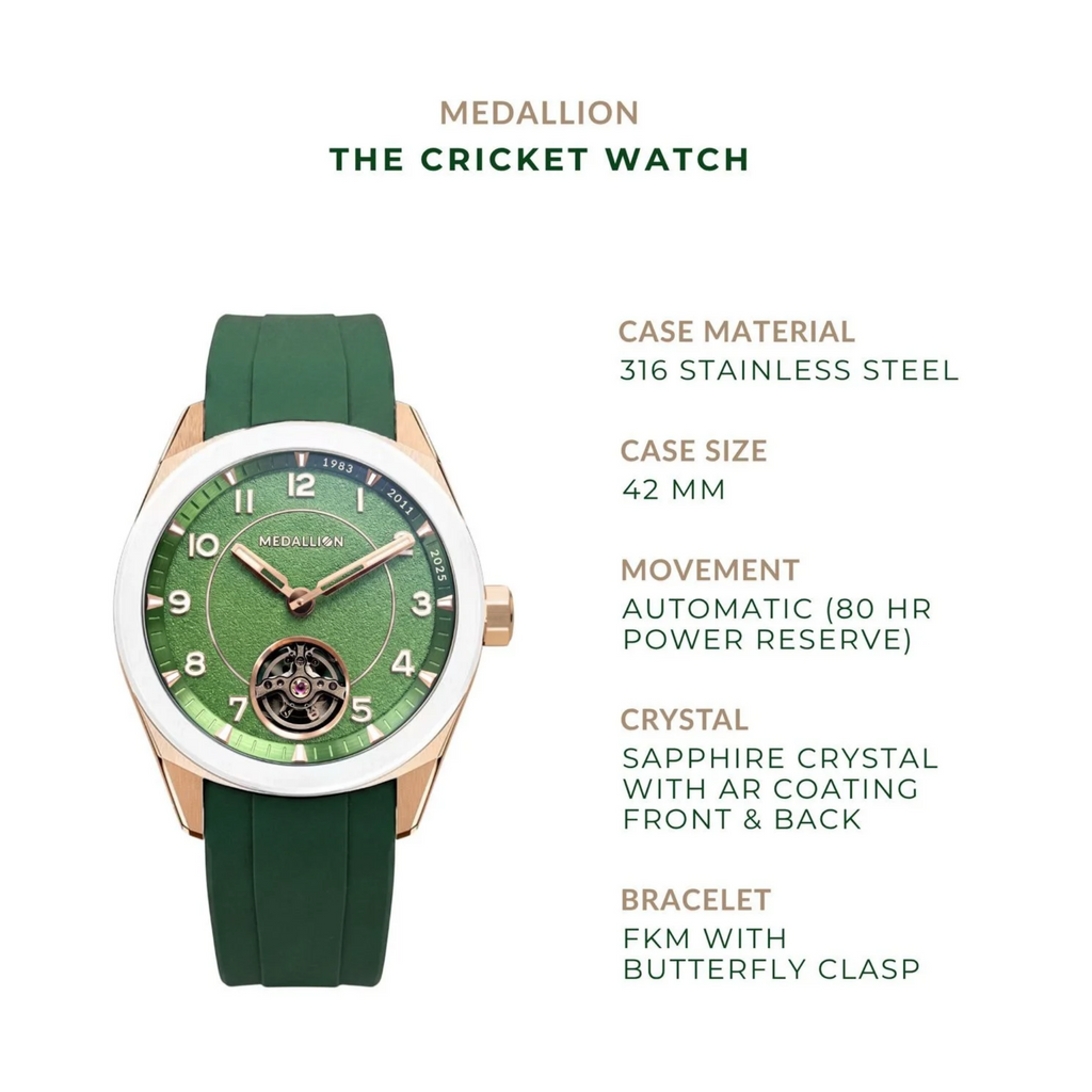 MEDALLION  The Cricket Watch | World Cup Edition | Rose Gold with Green FKM Strap