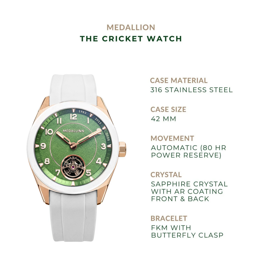 MEDALLION  The Cricket Watch | World Cup Edition | Rose Gold with White FKM Strap