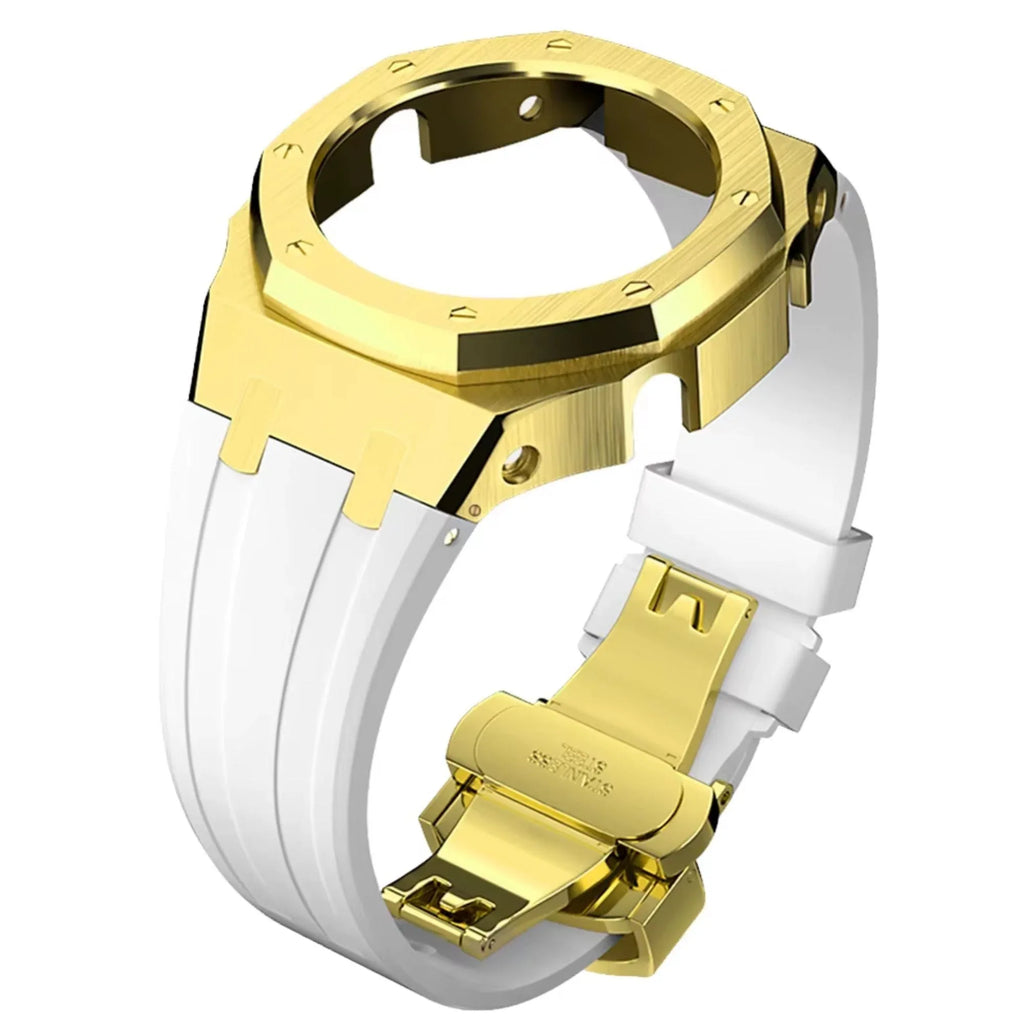 Metal Mod Kit Watchband and Metal Case for G-shock GA-2100 and GA-2110/BA-2100 Casioak (WHITE WITH GOLDEN) - DREAM WATCHES