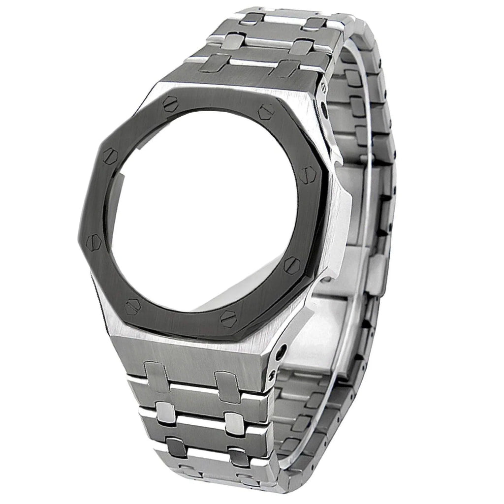 Mod Kit Metal Watchband and Metal Case for G-shock GM-2100 and GM-2110/B-2100 " Casioak" (SILVER WITH BLACK RING) - DREAM WATCHES