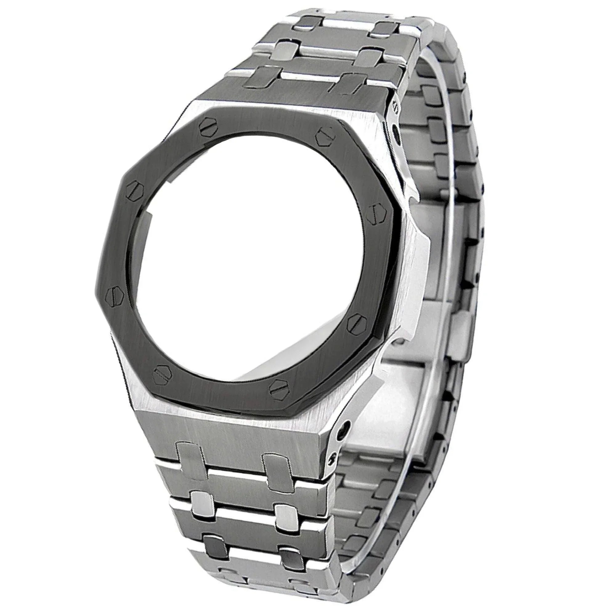 Mod Kit Metal Watchband and Metal Case for G-shock GM-2100 and GM-2110/B-2100 " Casioak" (SILVER WITH BLACK RING) - DREAM WATCHES