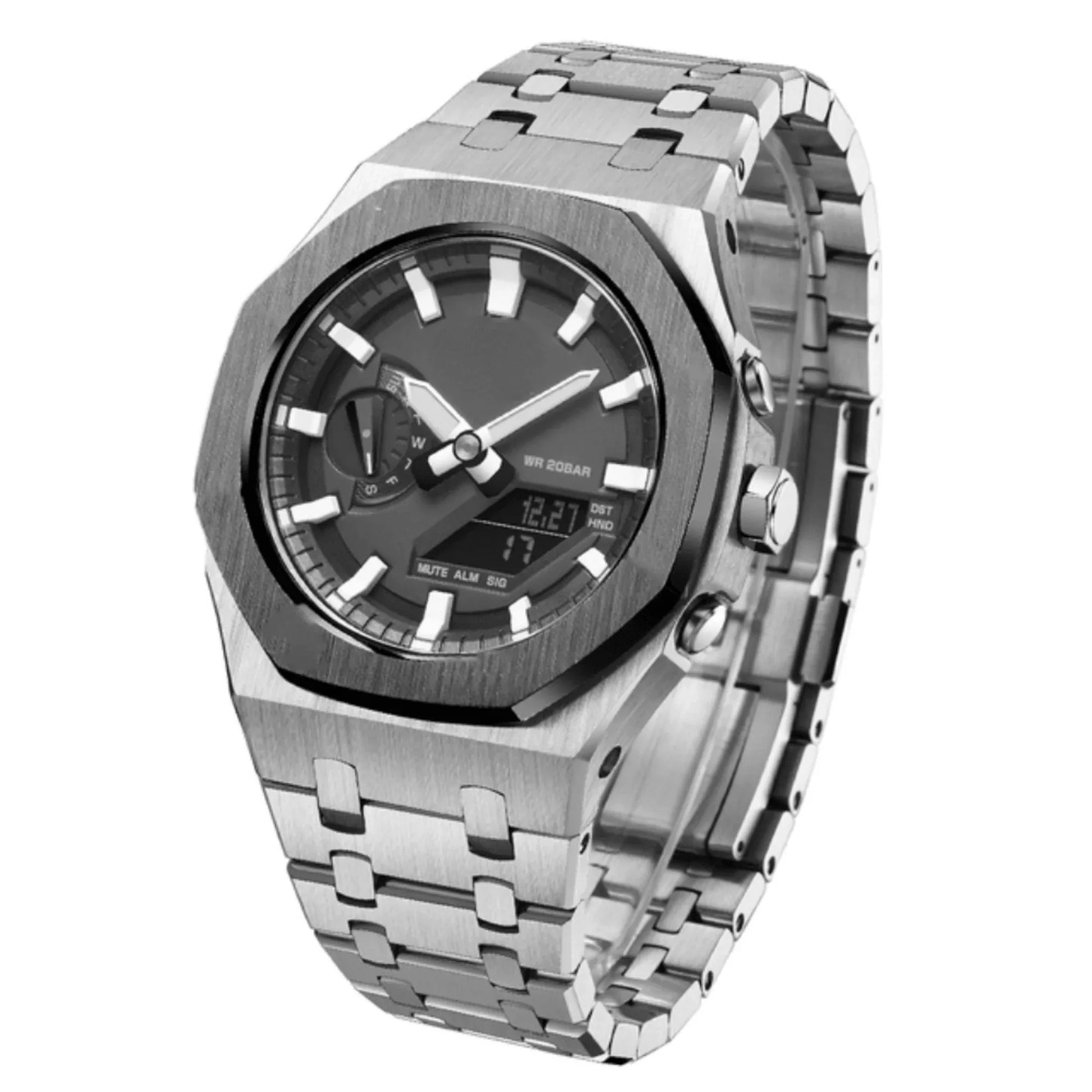 Mod Kit Metal Watchband and Metal Case for G-shock GM-2100 and GM-2110/B-2100 " Casioak" (SILVER WITH BLACK RING) - DREAM WATCHES