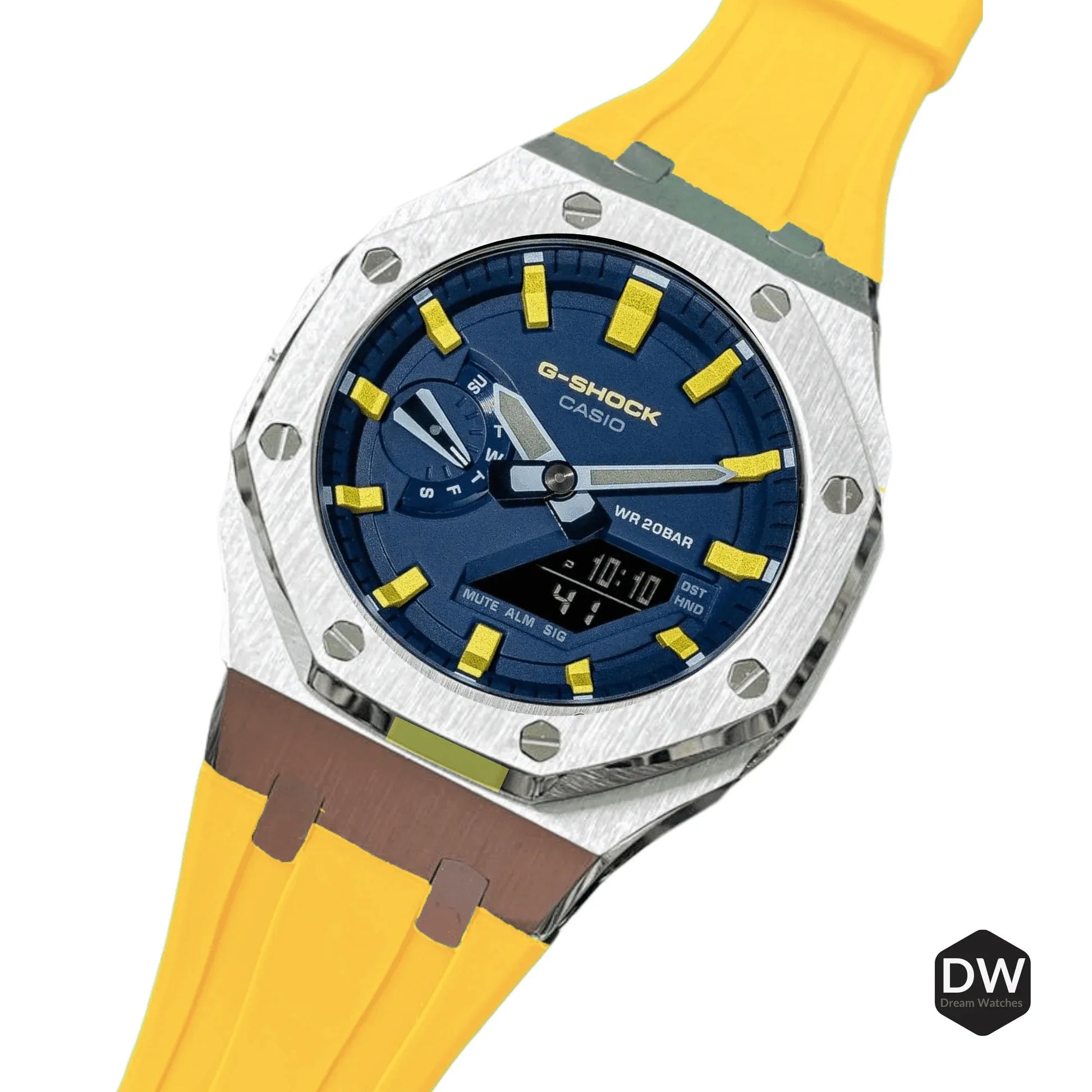 Mod Kit Metal Watchband and Metal Case for G-shock GM-2100 and GM-2110/B-2100 " Casioak" (YELLOW BAND) - DREAM WATCHES