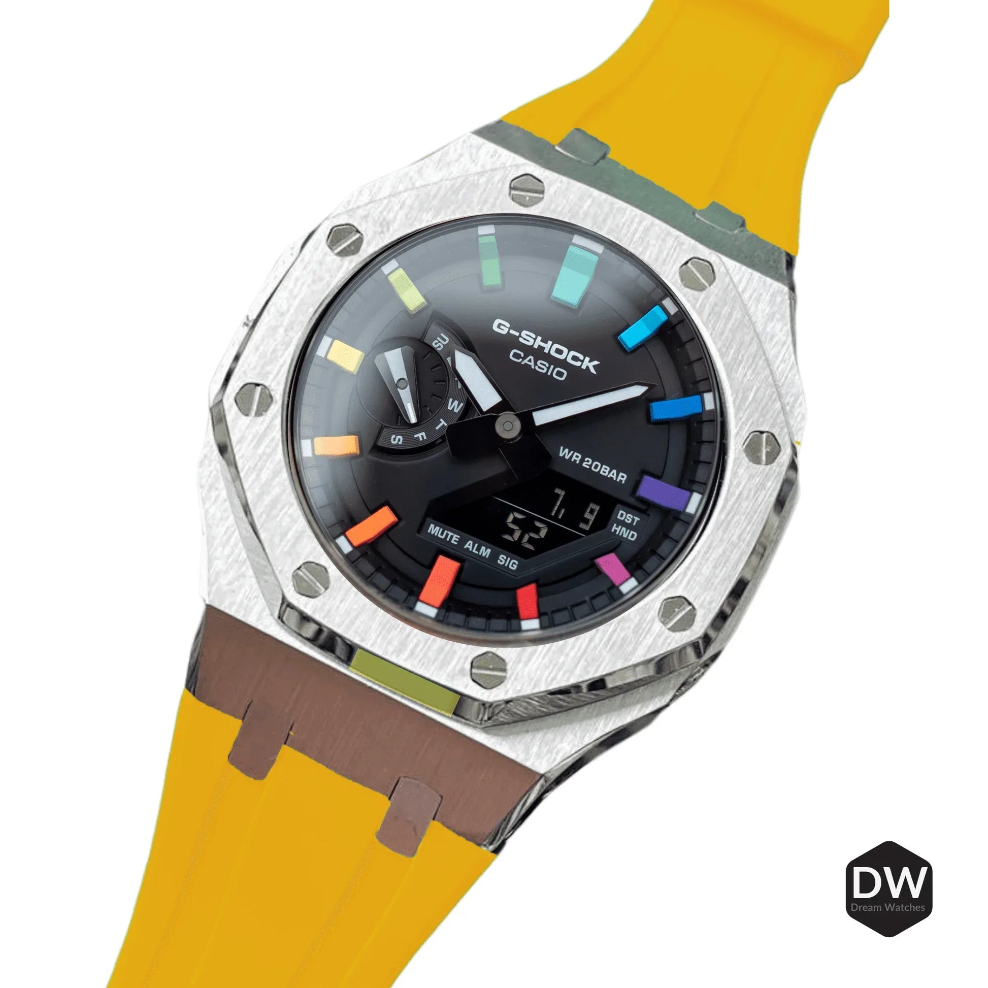 Mod Kit Metal Watchband and Metal Case for G-shock GM-2100 and GM-2110/B-2100 " Casioak" (YELLOW BAND) - DREAM WATCHES