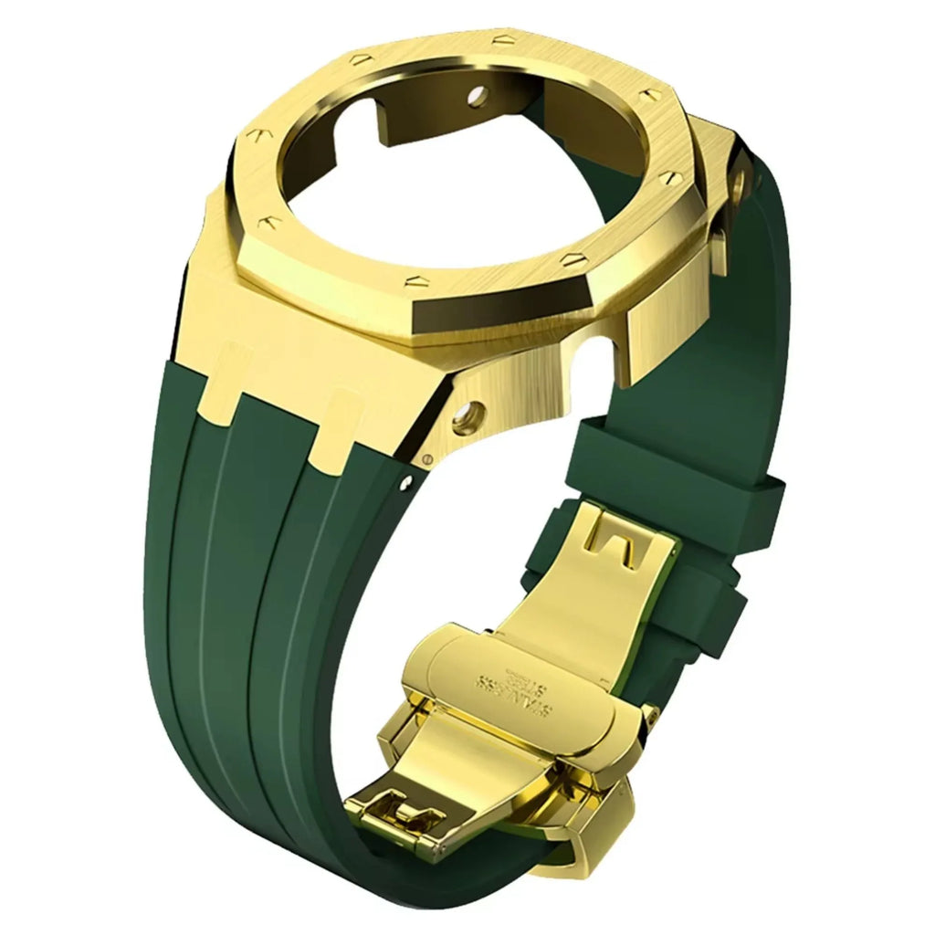 Mod Kit Metal Watchband and Metal Case for G-shock GM-2100 and GM-2110/B-2100 " Casioak"[Green With Golden] - DREAM WATCHES