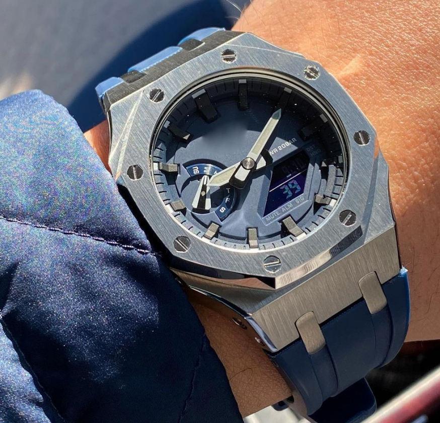 Mod Kit Metal Watchband and Metal Case for G-shock GM-2100 and GM-2110/BA-2100 " Casioak" (Blue Bracelet) - DREAM WATCHES