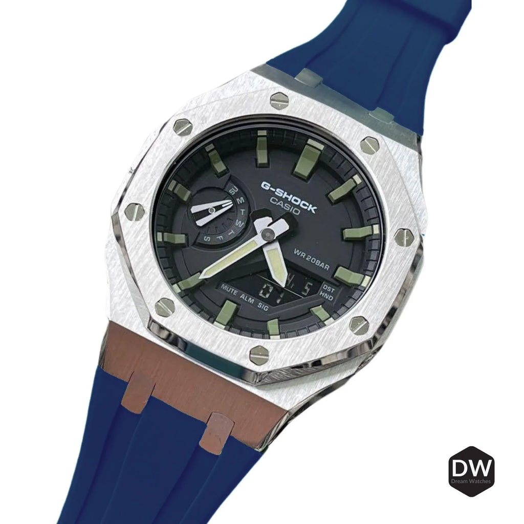 Mod Kit Metal Watchband and Metal Case for G-shock GM-2100 and GM-2110/BA-2100 " Casioak" (Blue Bracelet) - DREAM WATCHES