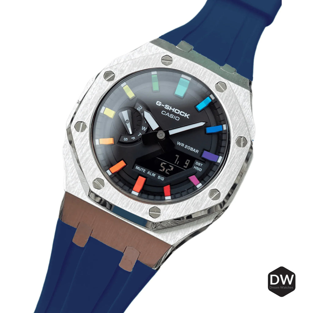 Mod Kit Metal Watchband and Metal Case for G-shock GM-2100 and GM-2110/BA-2100 " Casioak" (Blue Bracelet) - DREAM WATCHES
