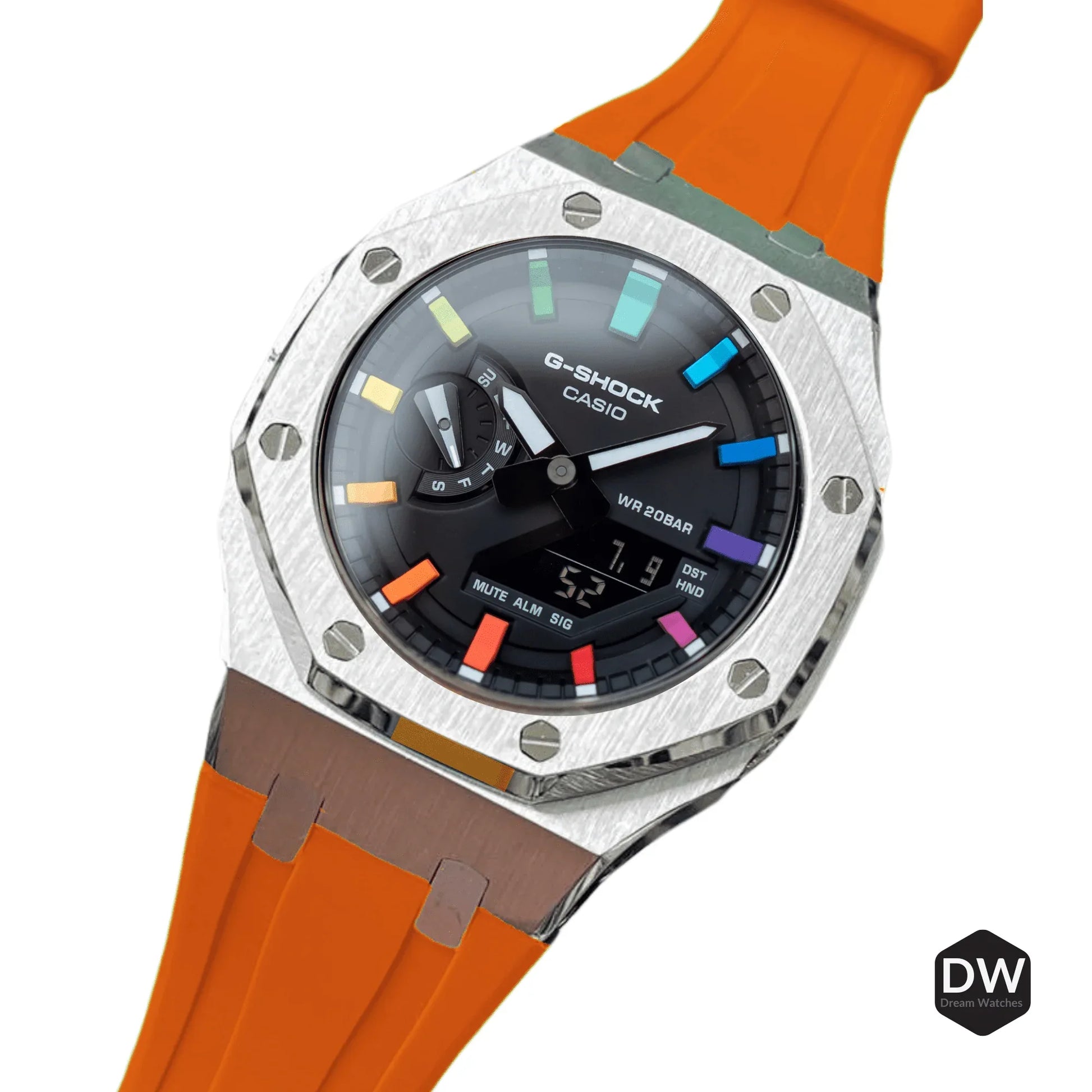 Mod Kit Metal Watchband and Metal Case for G-shock GM-2100 and GM-2110/BA-2100 " Casioak" (Orange Bracelet) - DREAM WATCHES