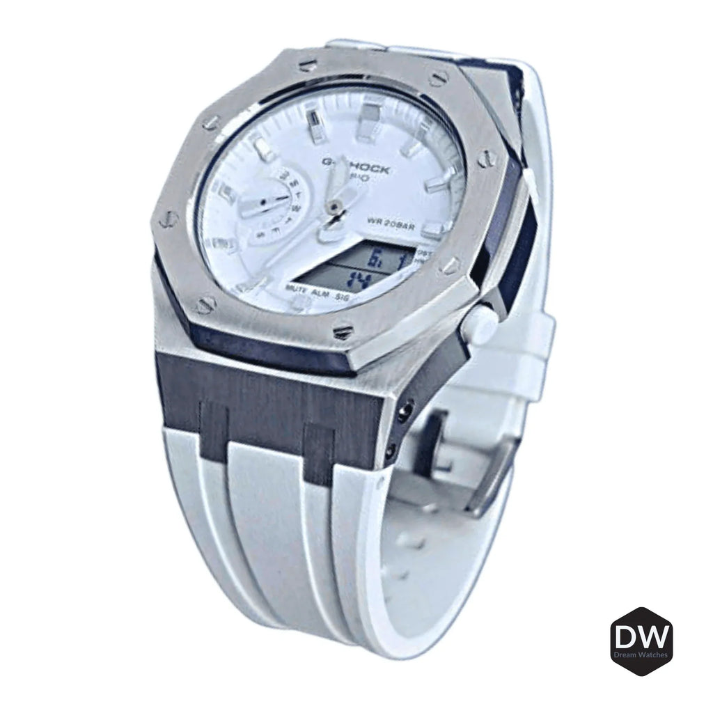 Mod Kit Metal Watchband and Metal Case for G-shock GM-2100 and GM-2110/BA-2100 " Casioak" (White Bracelet) - DREAM WATCHES