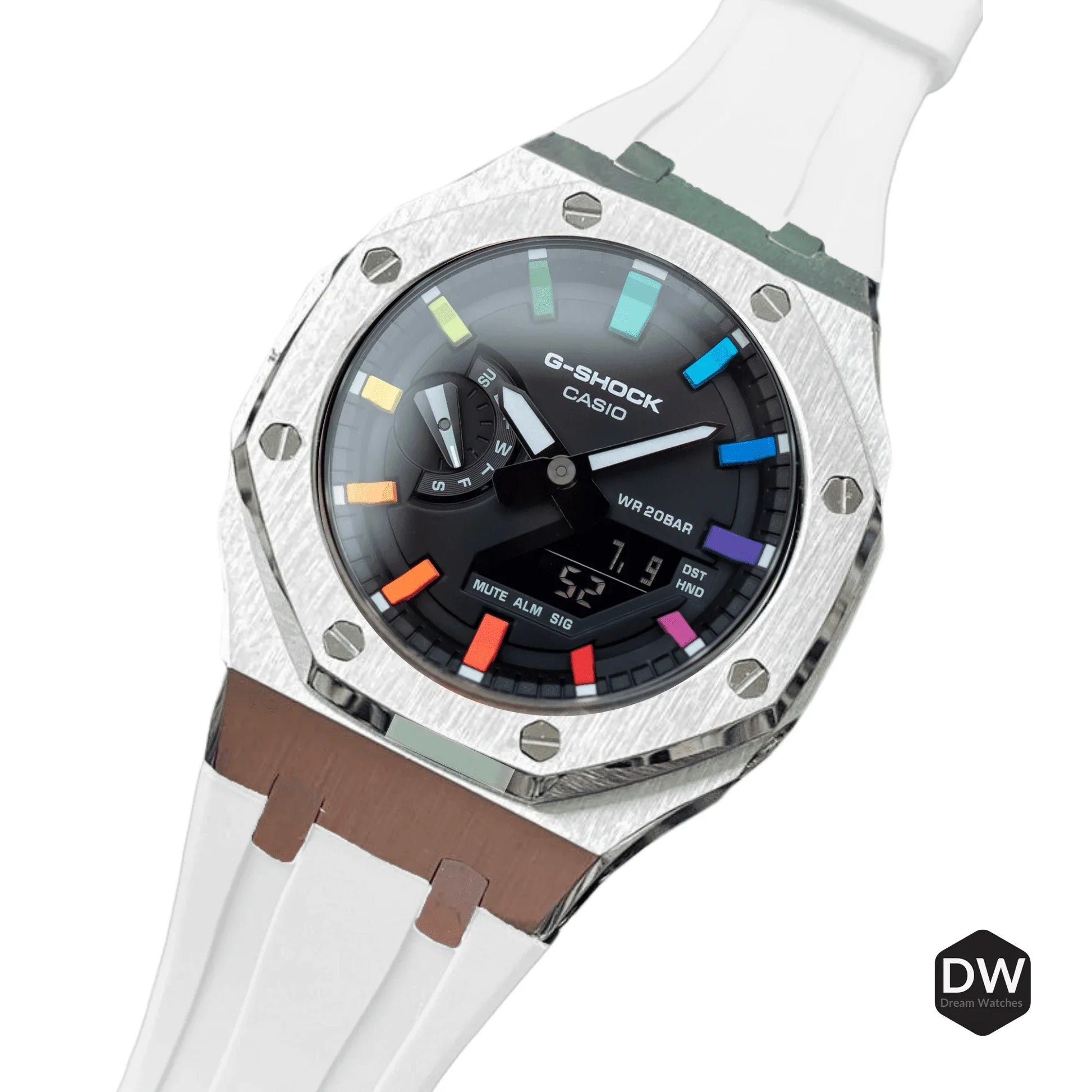 Mod Kit Metal Watchband and Metal Case for G-shock GM-2100 and GM-2110/BA-2100 " Casioak" (White Bracelet) - DREAM WATCHES