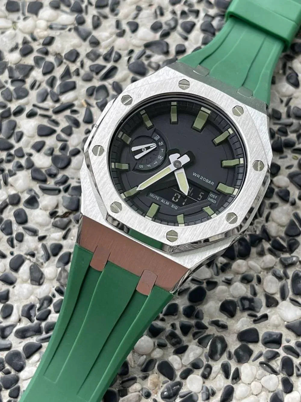 Mod Kit Metal Watchband and Metal Case for G-shock GM-2100 and GM-2110/BA-2100 "Green Casioak" (Green Bracelet) - DREAM WATCHES