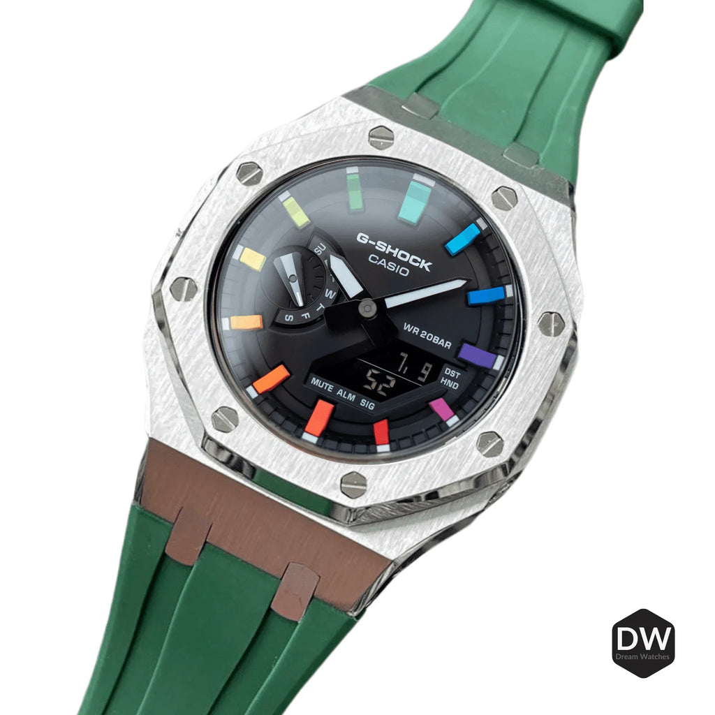 Mod Kit Metal Watchband and Metal Case for G-shock GM-2100 and GM-2110/BA-2100 "Green Casioak" (Green Bracelet) - DREAM WATCHES