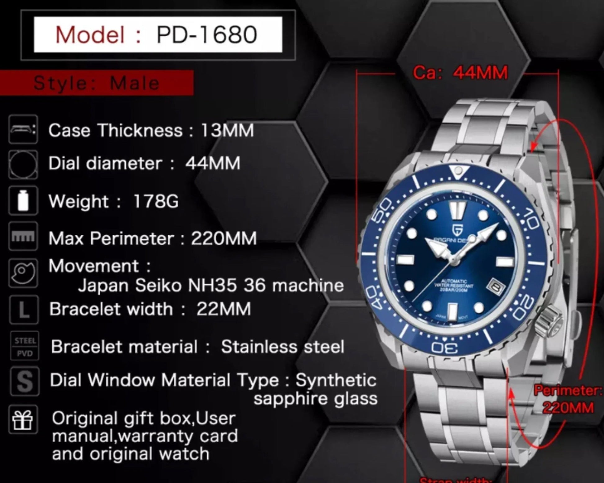 Pagani Design 1680 Men's Automatic Watches Japan NH35 Movement Stainless Steel Band 200M Waterproof Sport Watch - DREAM WATCHES