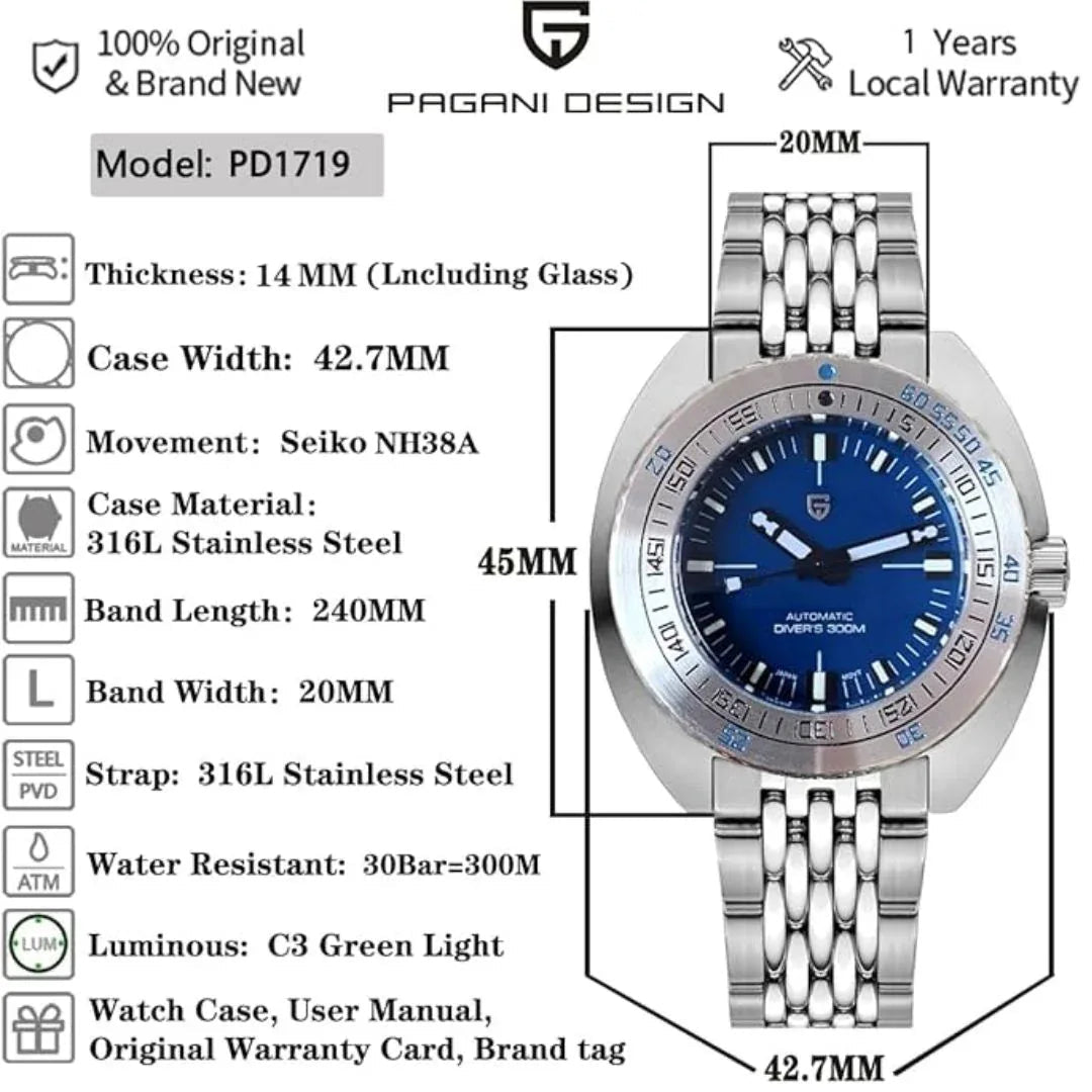 Pagani Design 1719 Men's 42 mm Automatic Wristwatch with Stainless Steel Bracelet Sapphire Crystal - DREAM WATCHES