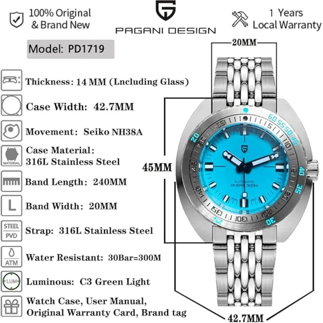 Pagani Design 1719 Men's 42 mm Automatic Wristwatch with Stainless Steel Bracelet Sapphire Crystal - DREAM WATCHES