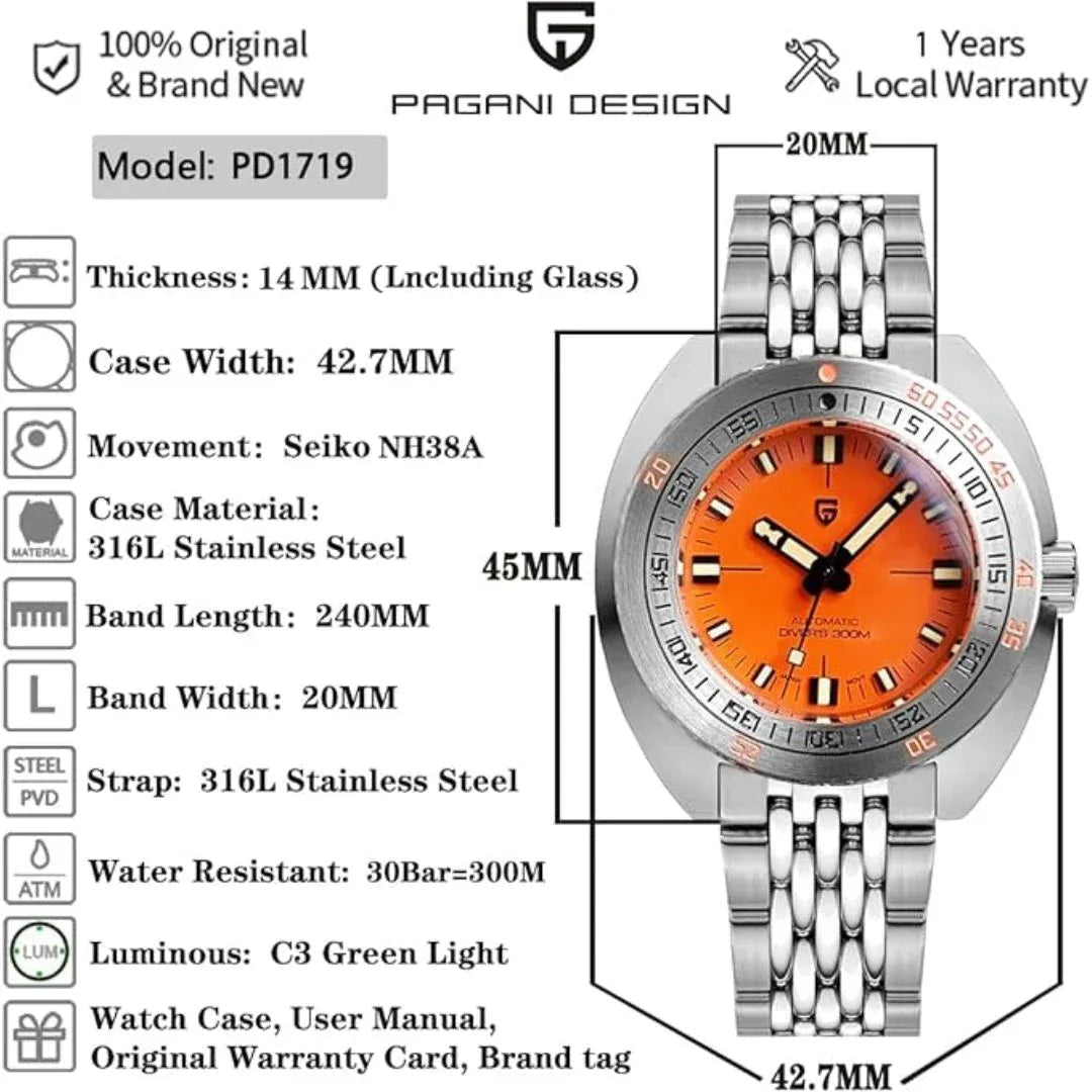 Pagani Design 1719 Men's 42 mm Automatic Wristwatch with Stainless Steel Bracelet Sapphire Crystal - DREAM WATCHES