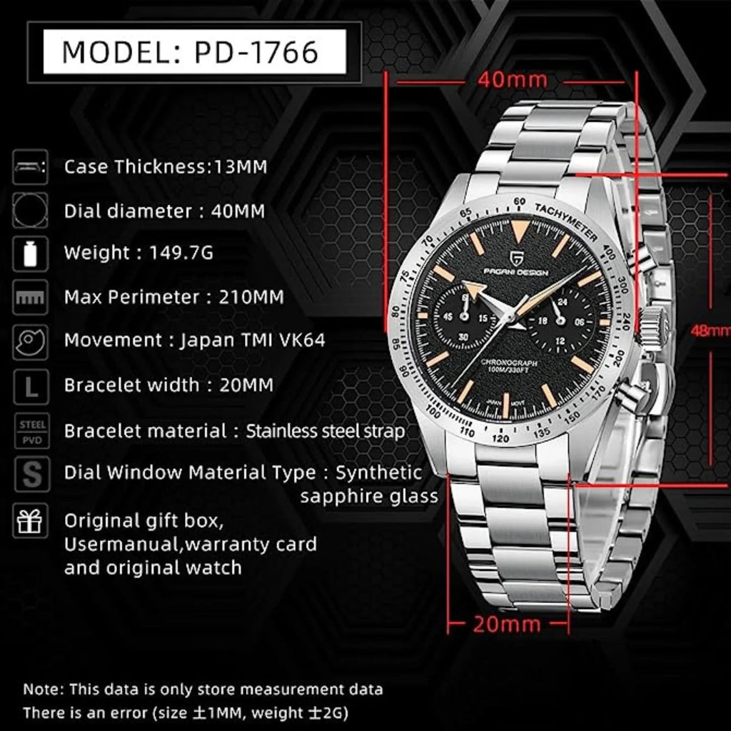Pagani Design 1766 Homage Men's Chronograph Watches Stainless Steel 40mm Case VK64 Quartz Movement 100M Waterproof Casual Sport Retro Watch - Black - DREAM WATCHES