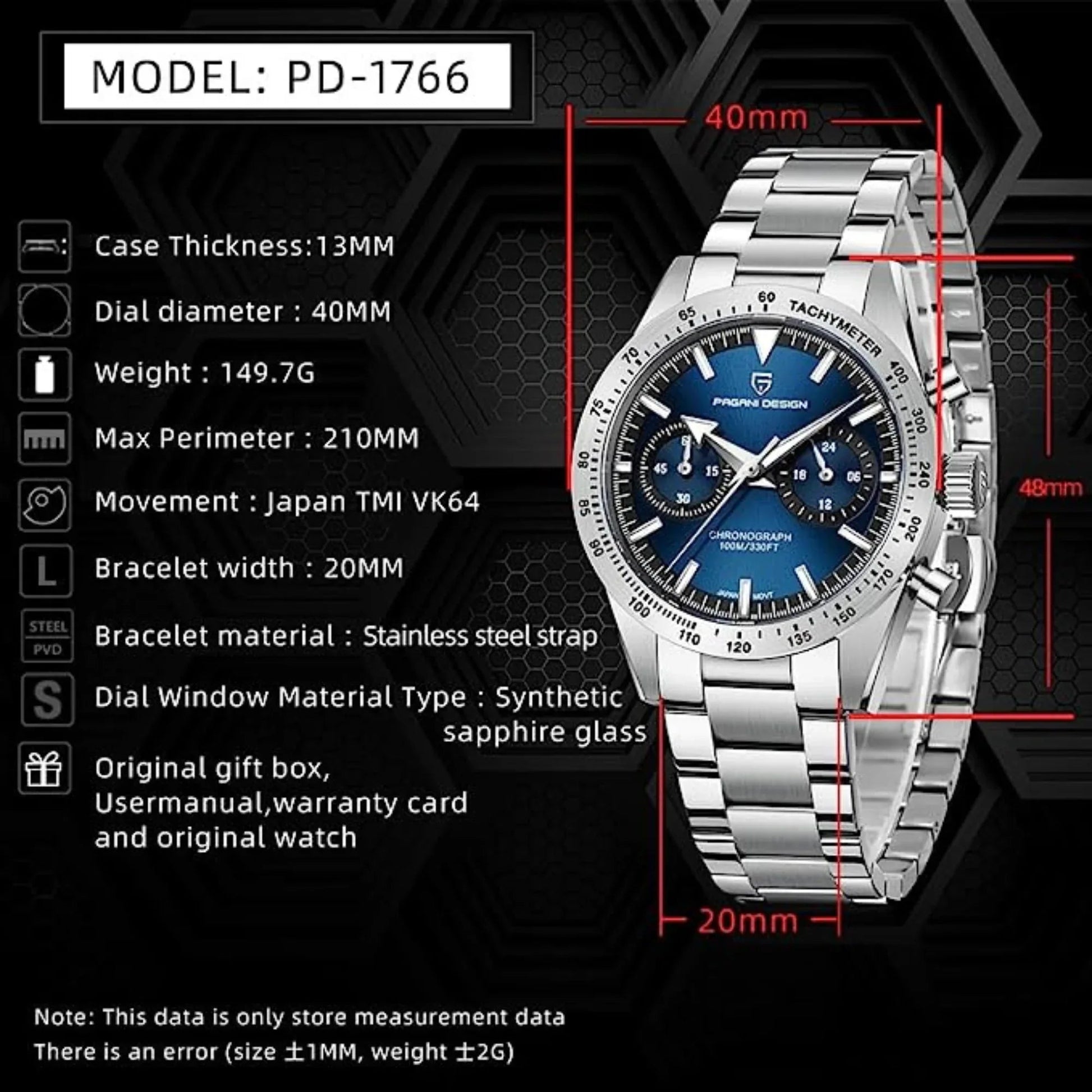 Pagani Design 1766 Homage Men's Chronograph Watches Stainless Steel 40mm Case VK64 Quartz Movement 100M Waterproof Casual Sport Retro Watch - Blue - DREAM WATCHES