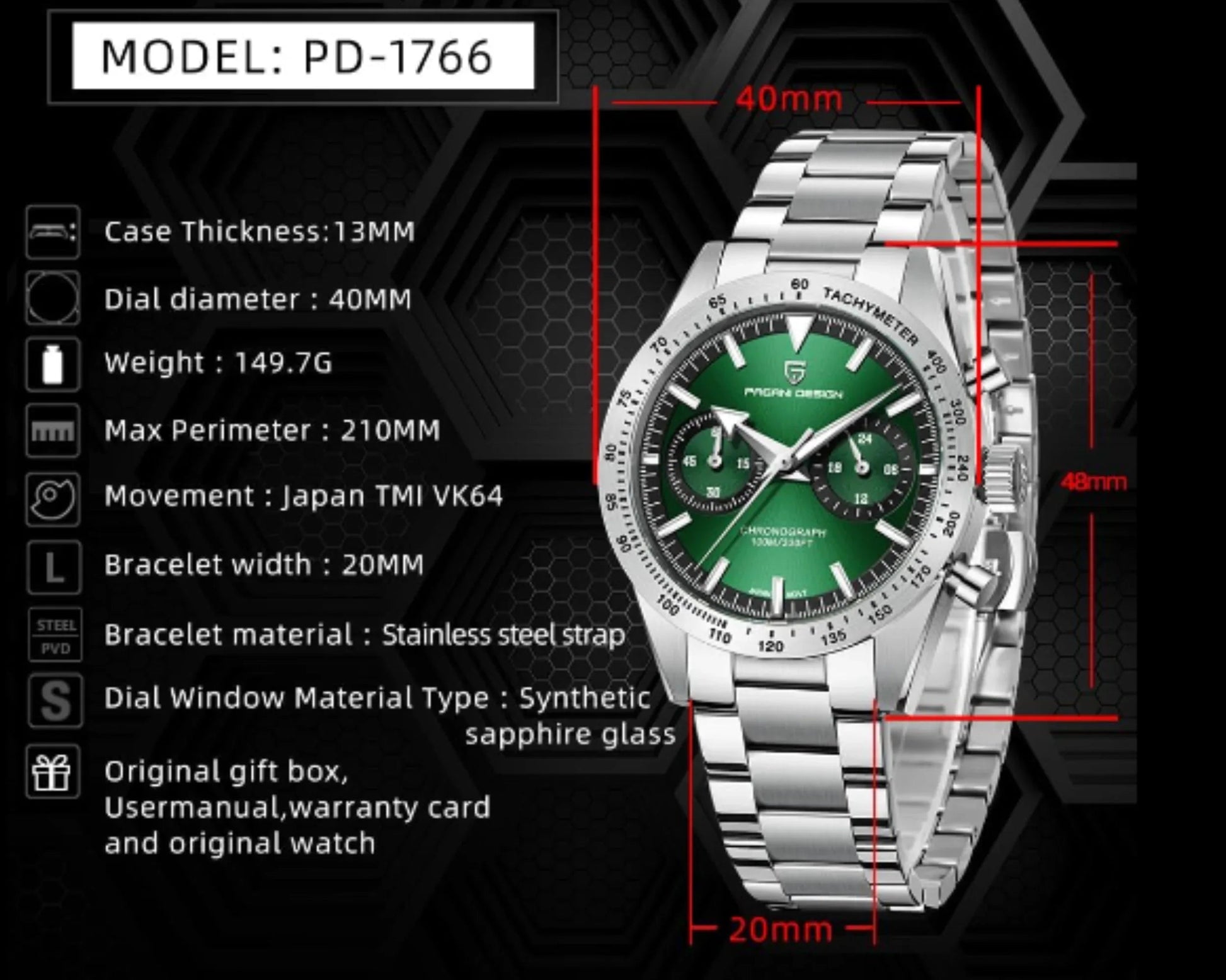Pagani Design 1766 Homage Men's Chronograph Watches Stainless Steel 40mm Case VK64 Quartz Movement 100M Waterproof Casual Sport Retro Watch - Green - DREAM WATCHES