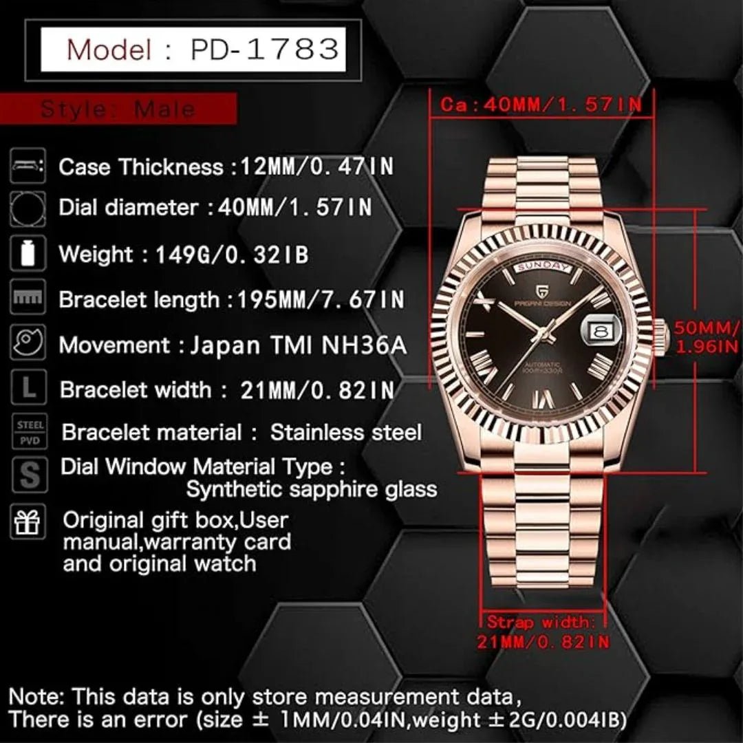 Pagani Design DD40 PD-1783 Men's Luxury Automatic Watch with AR Sapphire Glass and NH36A Movement - Rose Gold - Black - DREAM WATCHES