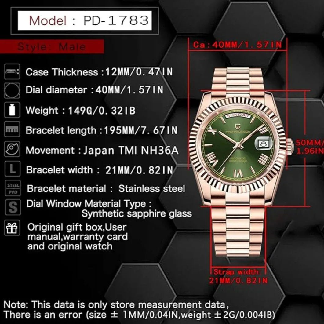 Pagani Design DD40 PD-1783 Men's Luxury Automatic Watch with AR Sapphire Glass and NH36A Movement- Rose Gold - Green - DREAM WATCHES