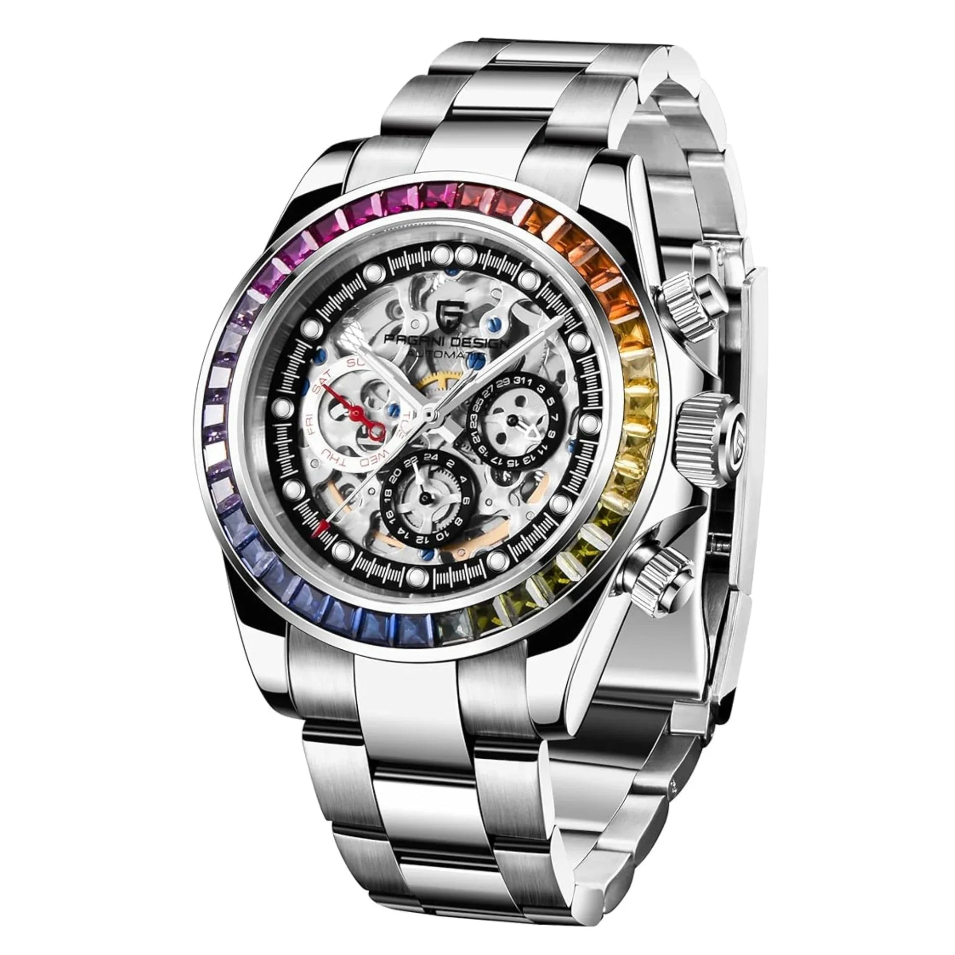Pagani Design Men's Watch Rainbow Bezel Automatic Mechanical Waterproof Stainless Steel Watch Skeleton Watches for Men (Silver PD-1653) - DREAM WATCHES
