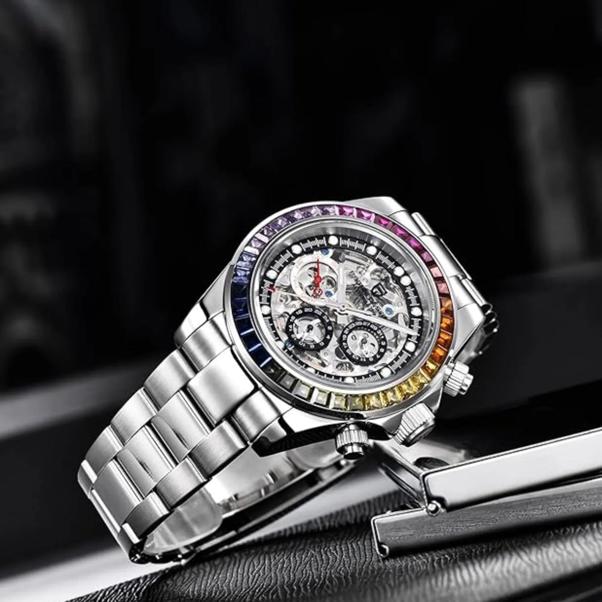 Pagani Design Men's Watch Rainbow Bezel Automatic Mechanical Waterproof Stainless Steel Watch Skeleton Watches for Men (Silver PD-1653) - DREAM WATCHES