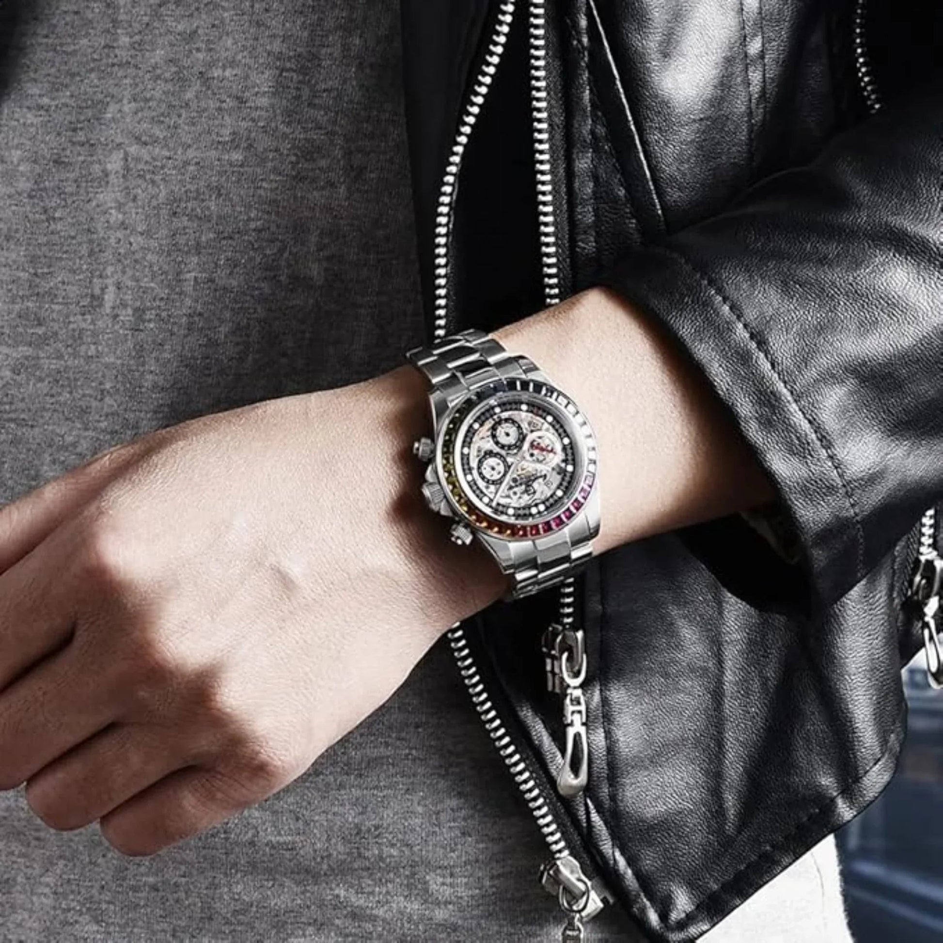 Pagani Design Men's Watch Rainbow Bezel Automatic Mechanical Waterproof Stainless Steel Watch Skeleton Watches for Men (Silver PD-1653) - DREAM WATCHES