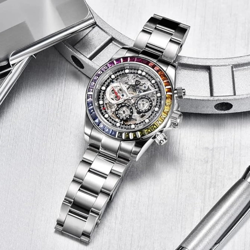 Pagani Design Men's Watch Rainbow Bezel Automatic Mechanical Waterproof Stainless Steel Watch Skeleton Watches for Men (Silver PD-1653) - DREAM WATCHES