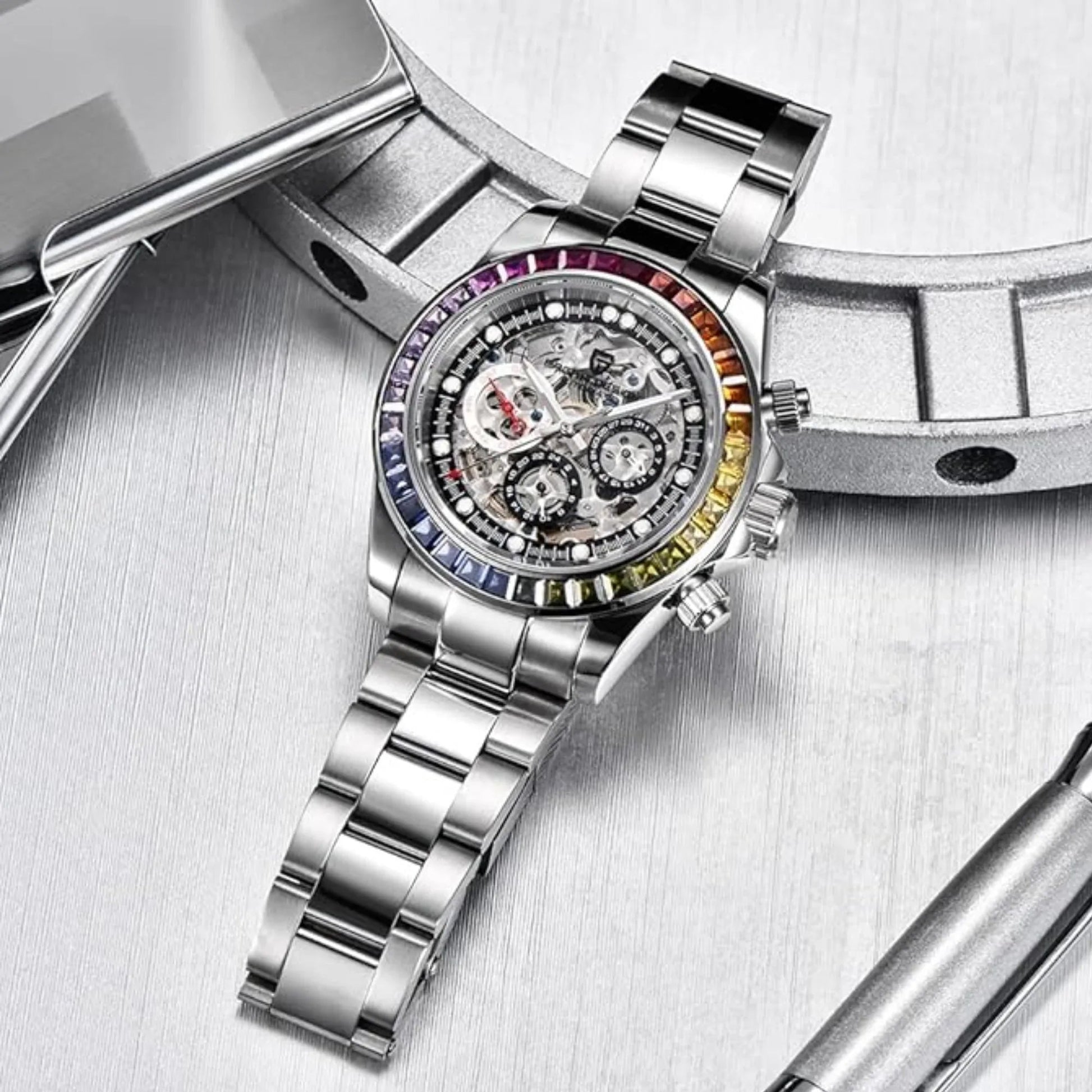 Pagani Design Men's Watch Rainbow Bezel Automatic Mechanical Waterproof Stainless Steel Watch Skeleton Watches for Men (Silver PD-1653) - DREAM WATCHES