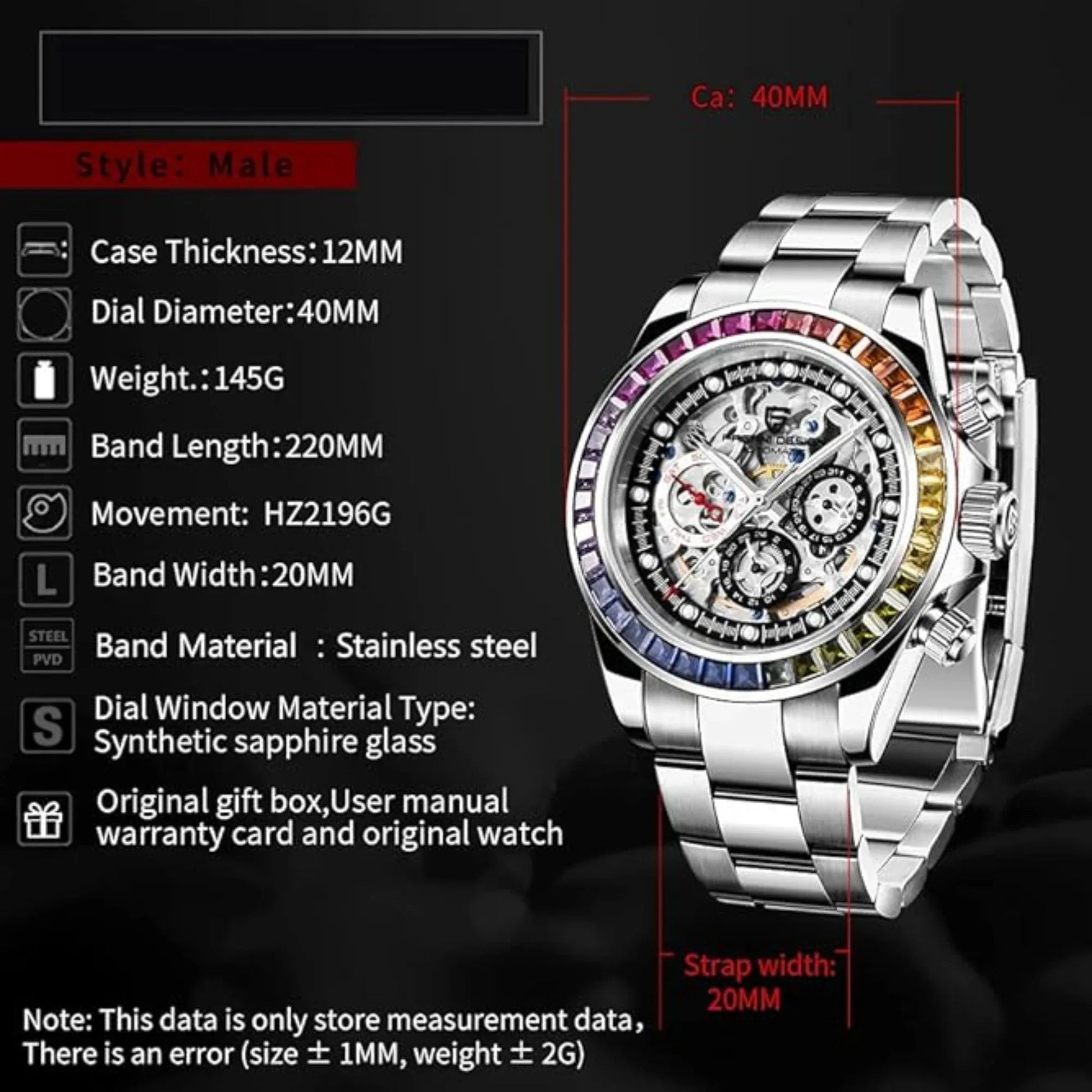 Pagani Design Men's Watch Rainbow Bezel Automatic Mechanical Waterproof Stainless Steel Watch Skeleton Watches for Men (Silver PD-1653) - DREAM WATCHES