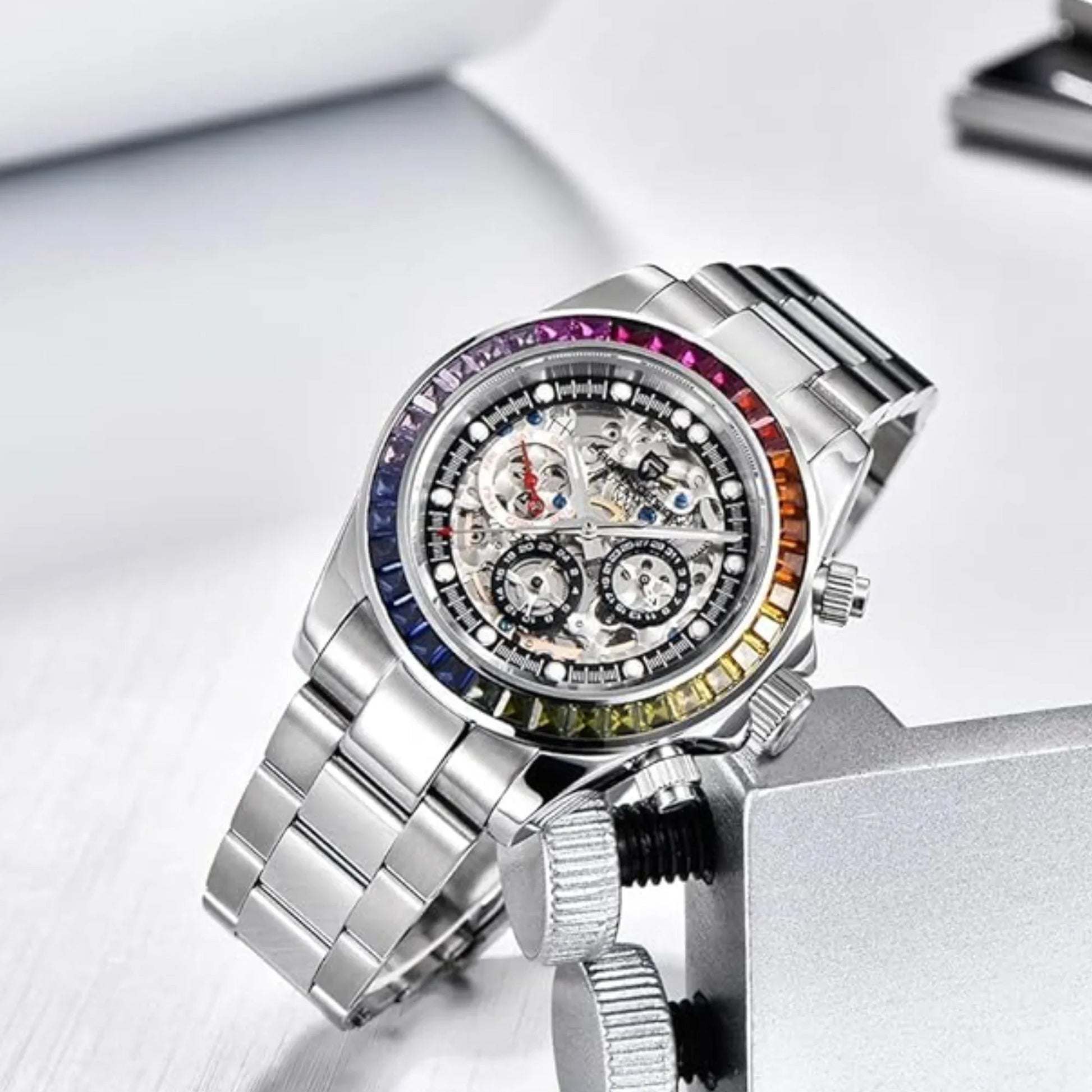 Pagani Design Men's Watch Rainbow Bezel Automatic Mechanical Waterproof Stainless Steel Watch Skeleton Watches for Men (Silver PD-1653) - DREAM WATCHES