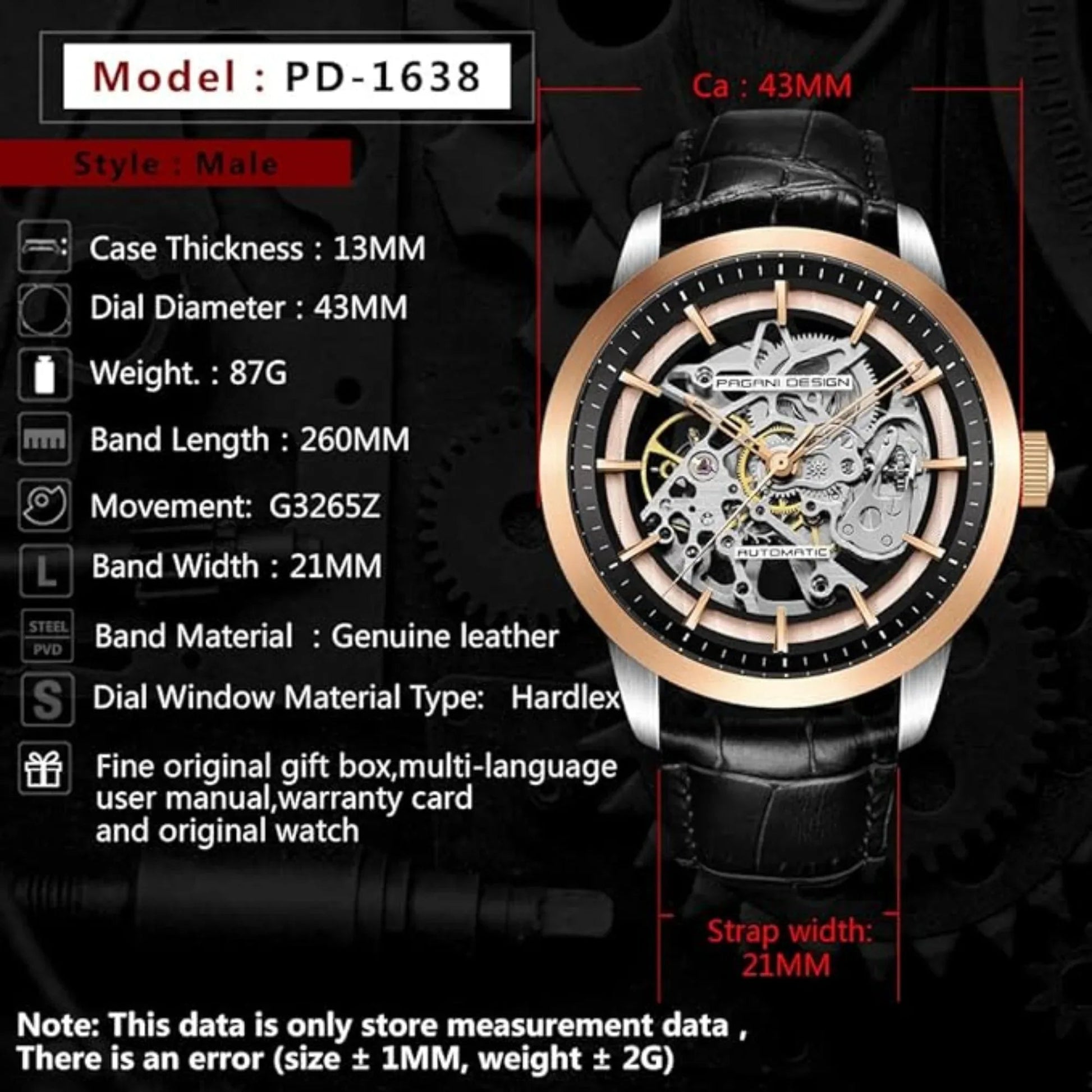 Pagani Design PD-1638 2023 Men's Automatic Skeleton Mechanical Automatic Stainless Steel Watch With Leather Strap Pointer Series 100 Meters Waterproof - DREAM WATCHES