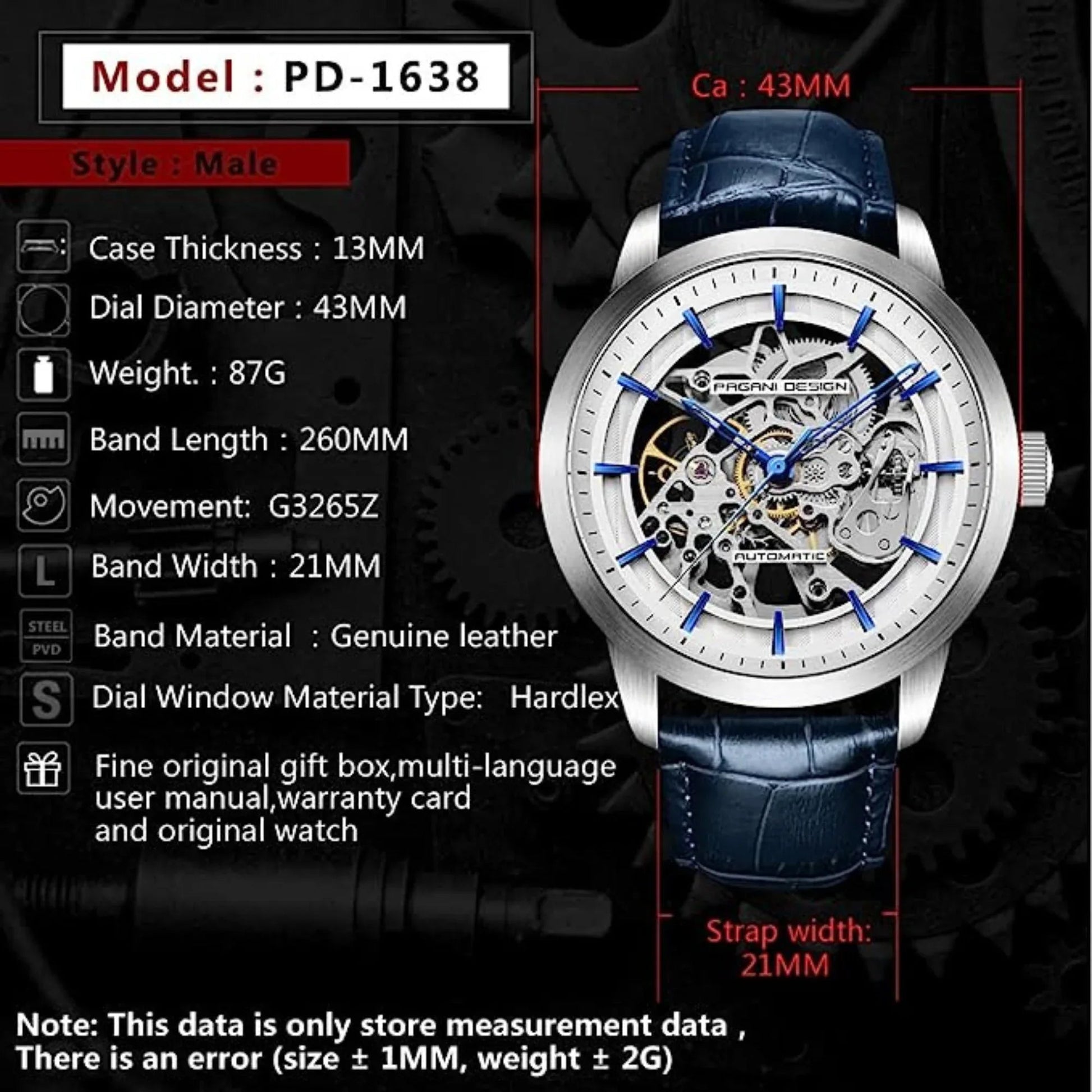 Pagani Design PD-1638 Men's Automatic Skeleton Mechanical Automatic Stainless Steel Watch with Leather Strap Pointer Series 100 Meters Waterproof - DREAM WATCHES