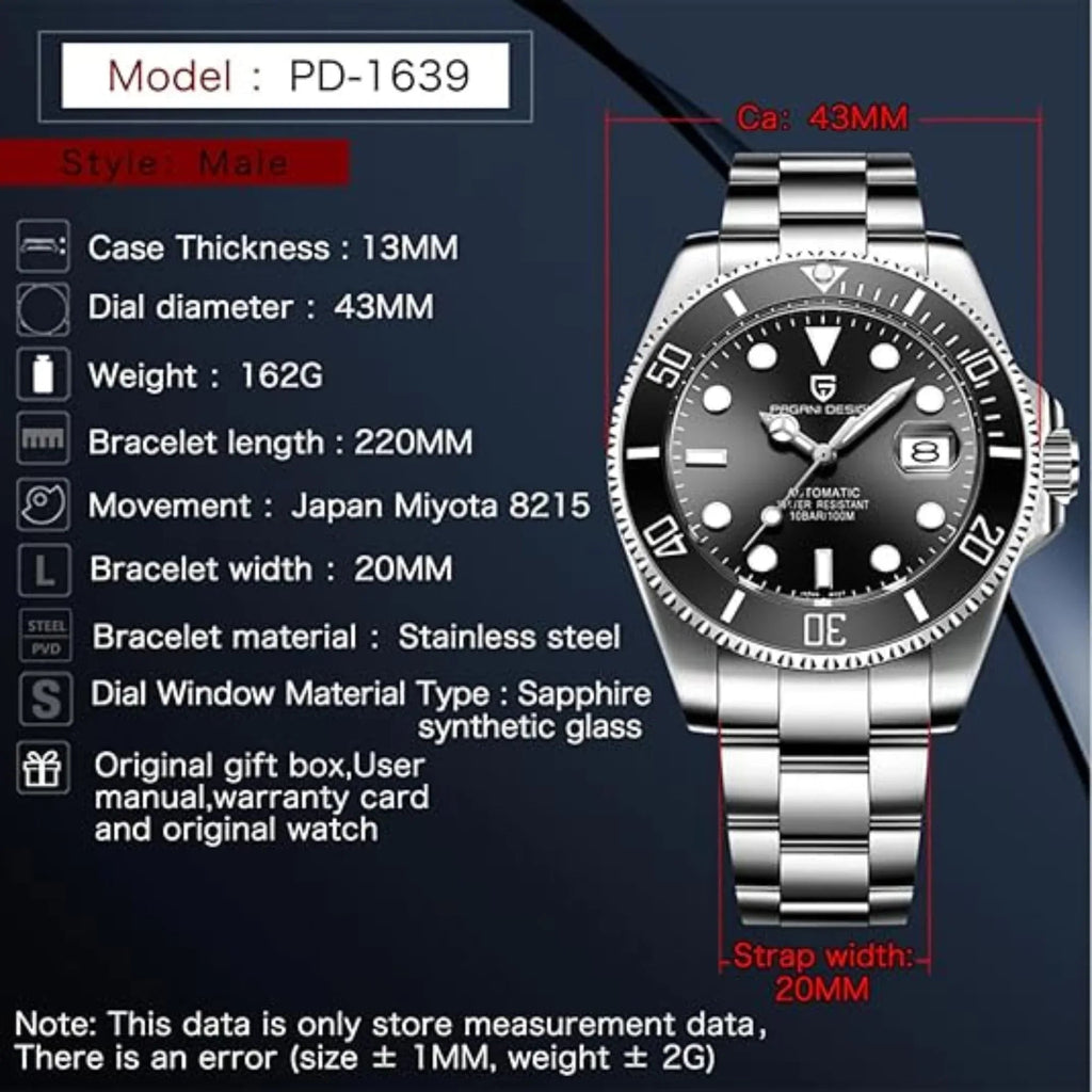 Pagani Design PD-1639 Waterproof Mechanical Automatic Stainless Steel Men's 43MM Watch - Black - DREAM WATCHES