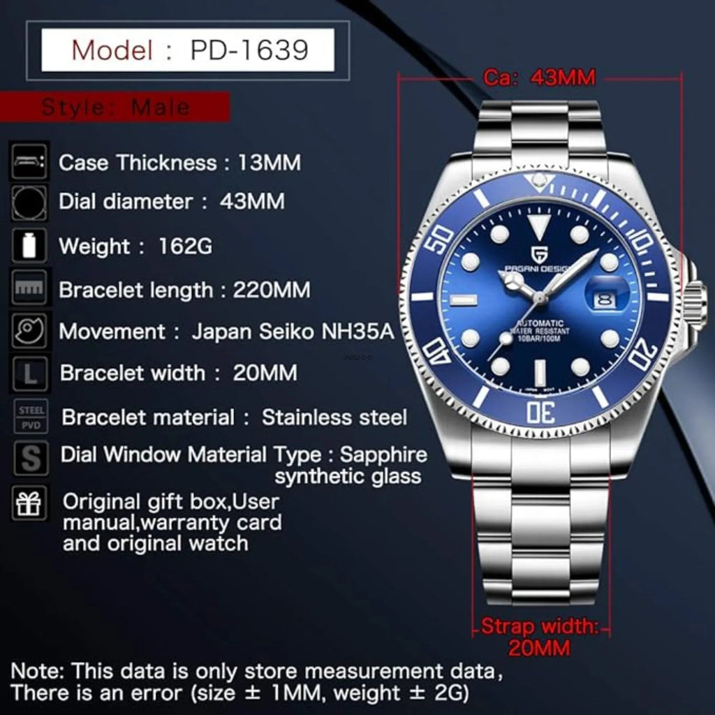 Pagani Design PD-1639 Waterproof Mechanical Automatic Stainless Steel Men's 43MM Watch - Blue - DREAM WATCHES