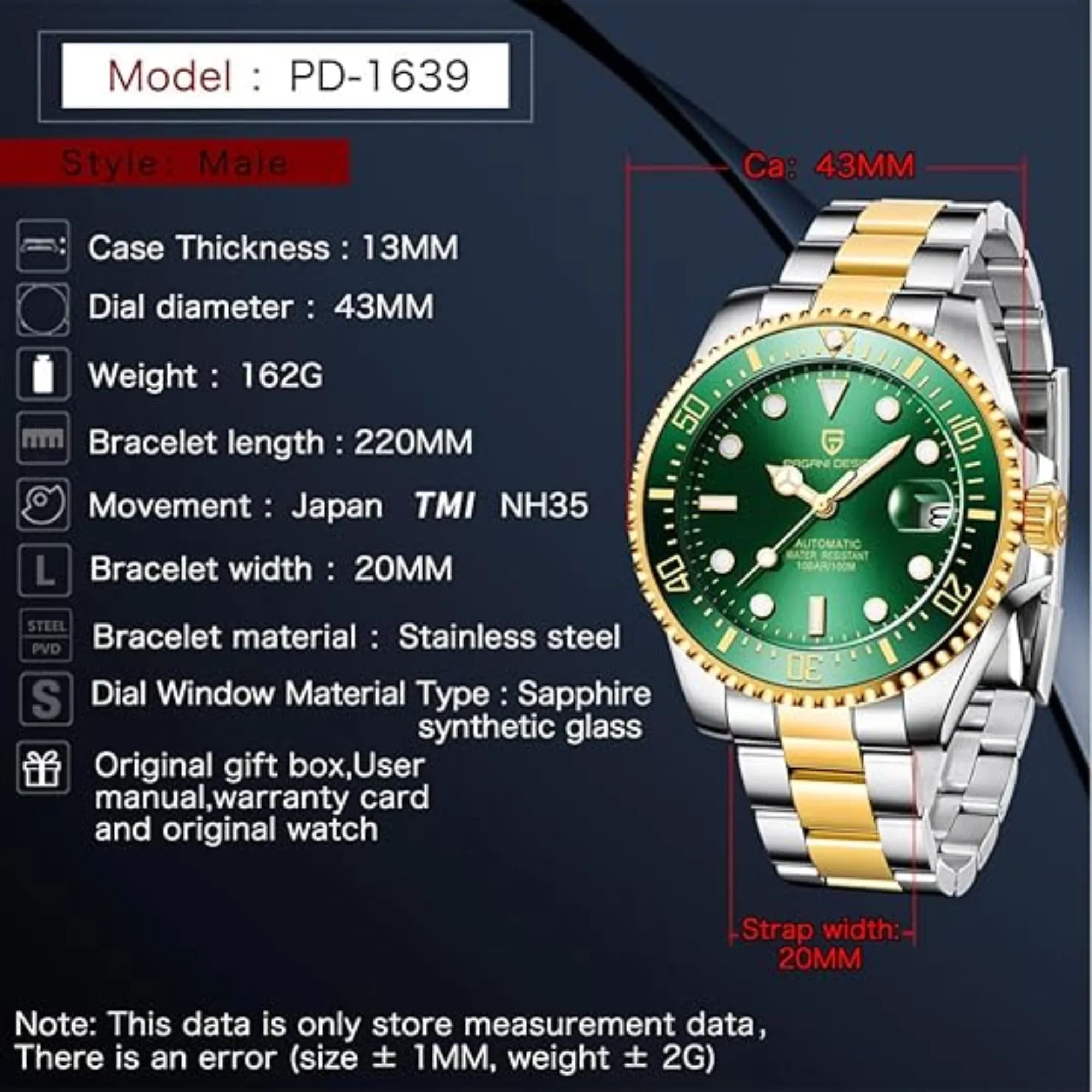 Pagani Design PD-1639 Waterproof Mechanical Automatic Stainless Steel Men's 43MM Watch - Golden Green - DREAM WATCHES