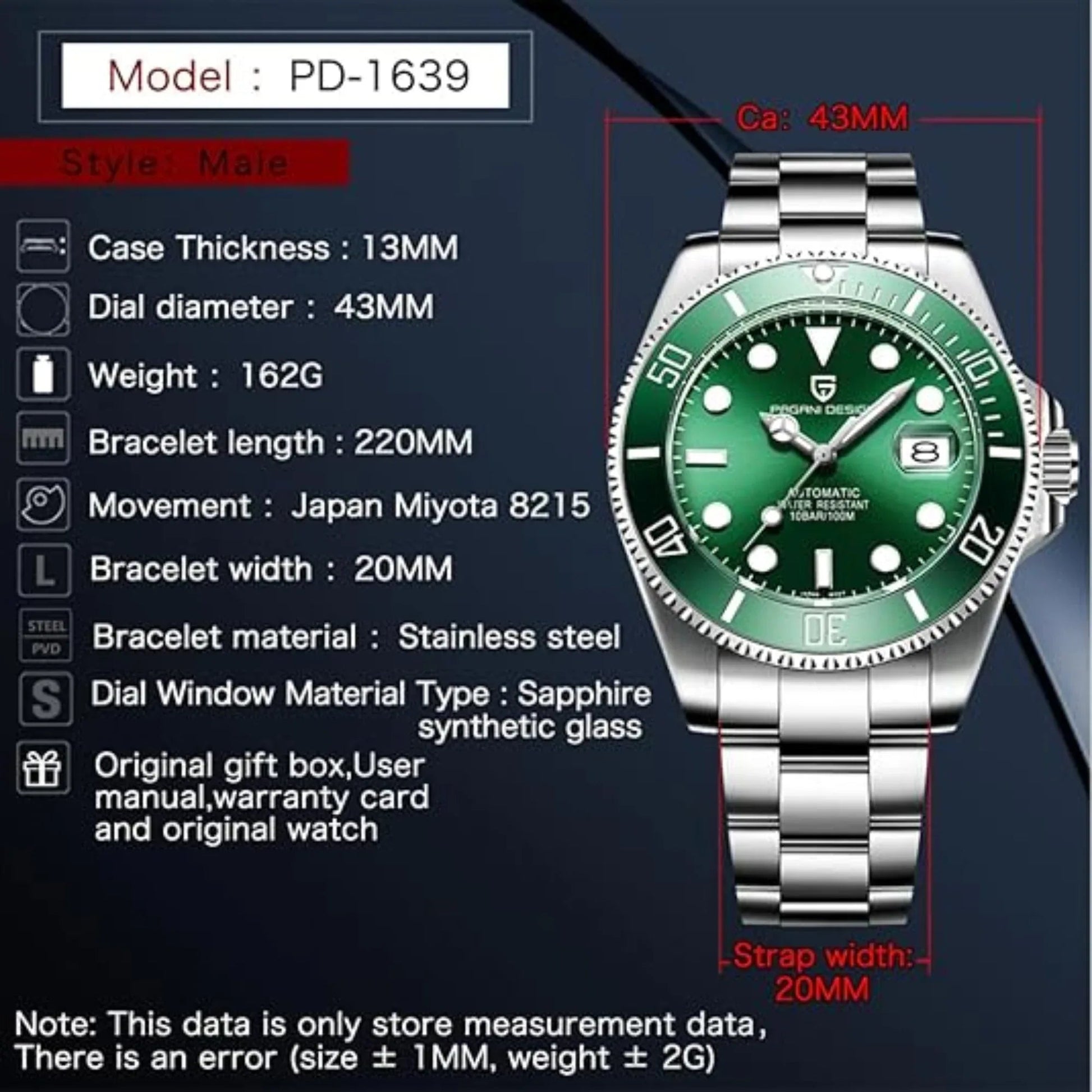 Pagani Design PD-1639 Waterproof Mechanical Automatic Stainless Steel Men's 43MM Watch - Green - DREAM WATCHES