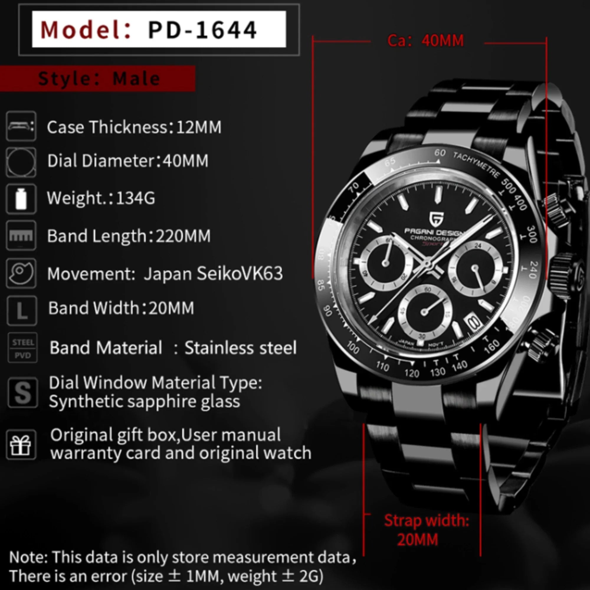 Pagani Design PD-1644 Daytona Chronograph Luxury Meca-quartz Movement (Japanese VK63) | Stainless Steel Men's 40MM Watch - DREAM WATCHES