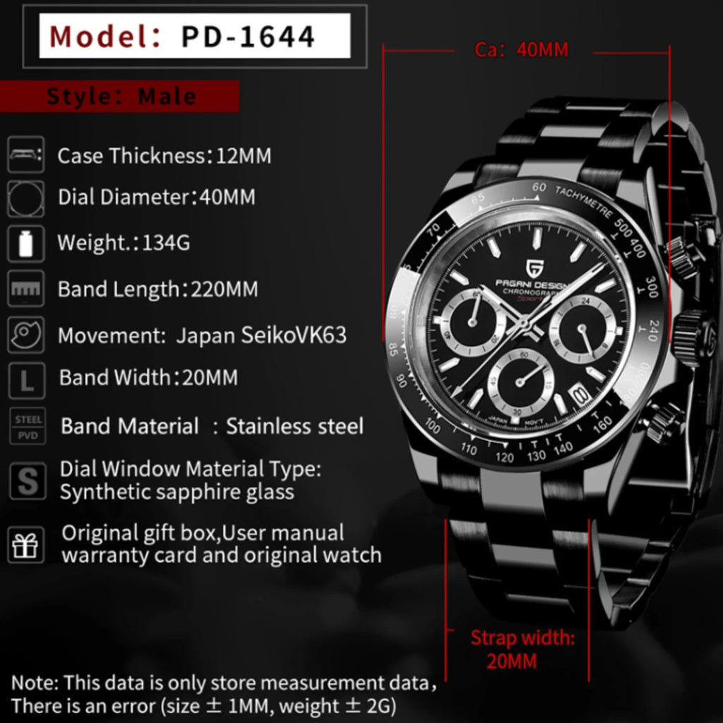Pagani Design PD-1644 Daytona Chronograph Luxury Meca-quartz Movement (Japanese VK63) | Stainless Steel Men's 40MM Watch - DREAM WATCHES
