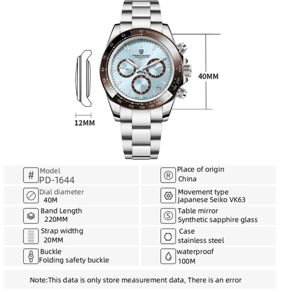 Pagani Design PD-1644 Daytona Chronograph Luxury Meca-quartz Movement (Japanese VK63) | Stainless Steel Men's 40MM Watch - Ice Blue - DREAM WATCHES