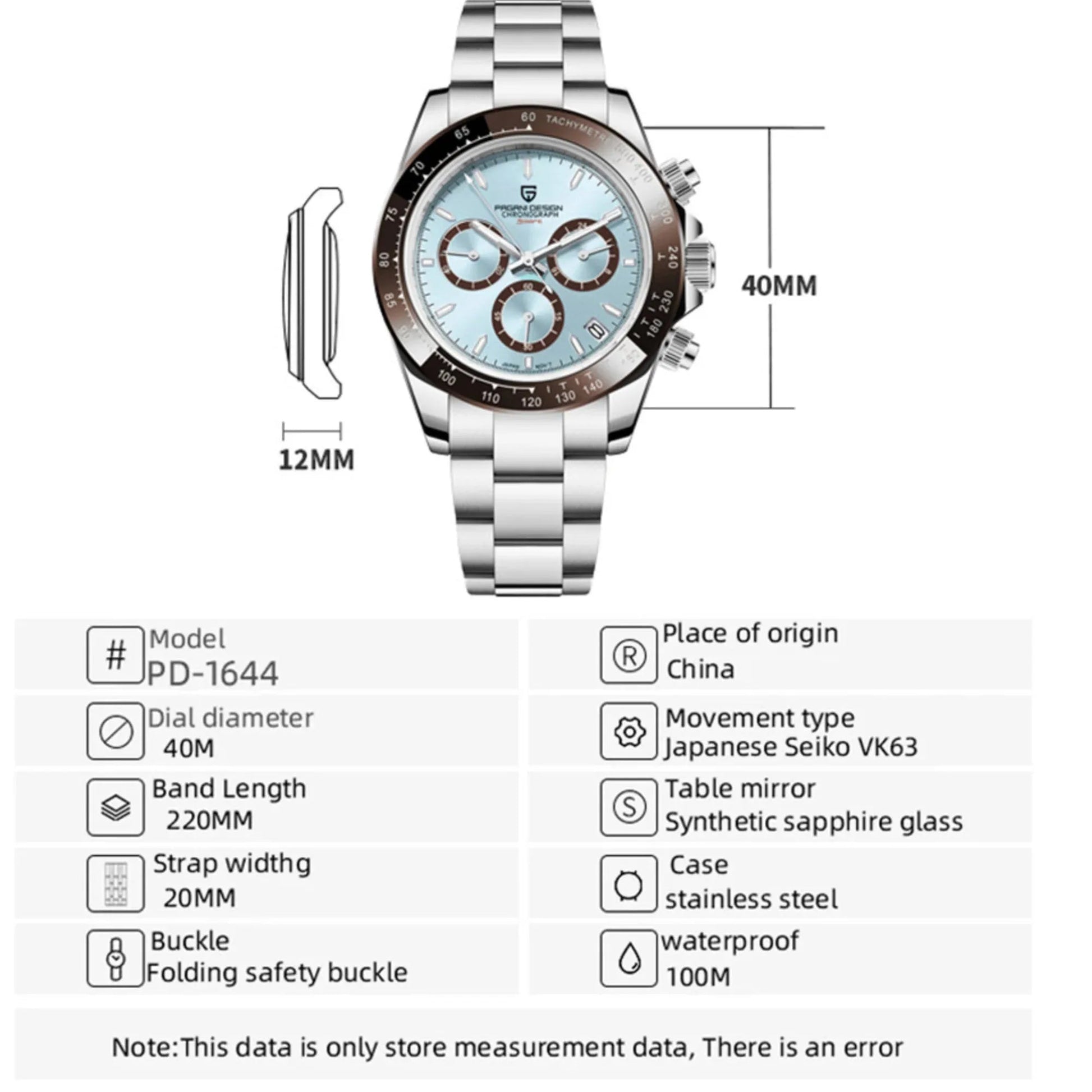 Pagani Design PD-1644 Daytona Chronograph Luxury Meca-quartz Movement (Japanese VK63) | Stainless Steel Men's 40MM Watch - Ice Blue - DREAM WATCHES