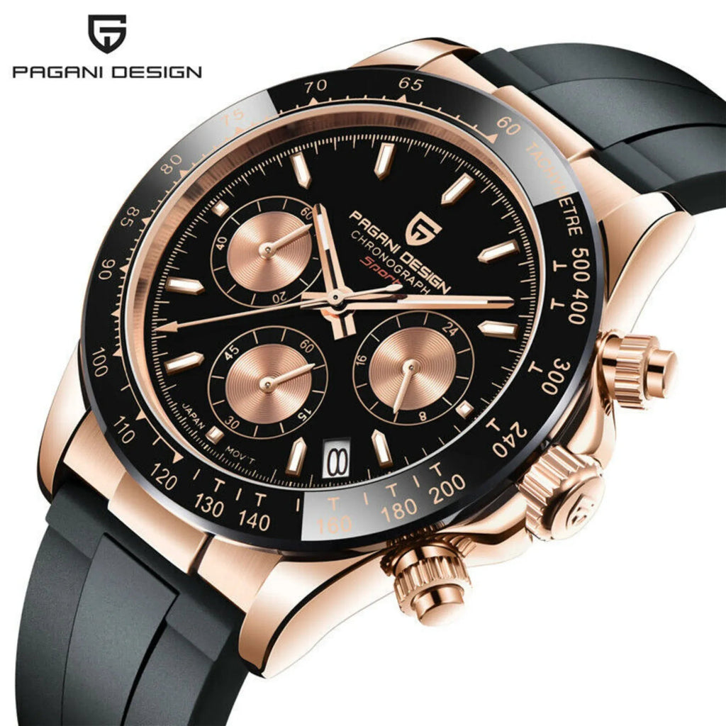 Pagani Design PD-1644 Daytona Chronograph Luxury Meca-quartz Movement (Japanese VK63) | Stainless Steel Men's 40MM Watch - Rose-Gold Black Dial - DREAM WATCHES