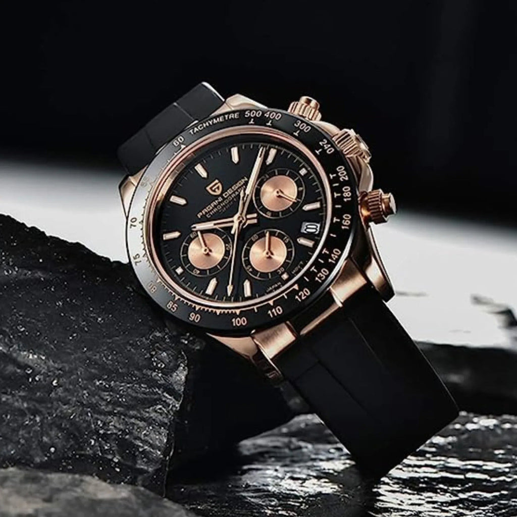 Pagani Design PD-1644 Daytona Chronograph Luxury Meca-quartz Movement (Japanese VK63) | Stainless Steel Men's 40MM Watch - Rose-Gold Black Dial - DREAM WATCHES