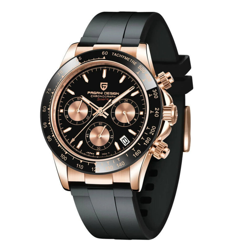 Pagani Design PD-1644 Daytona Chronograph Luxury Meca-quartz Movement (Japanese VK63) | Stainless Steel Men's 40MM Watch - Rose-Gold Black Dial - DREAM WATCHES
