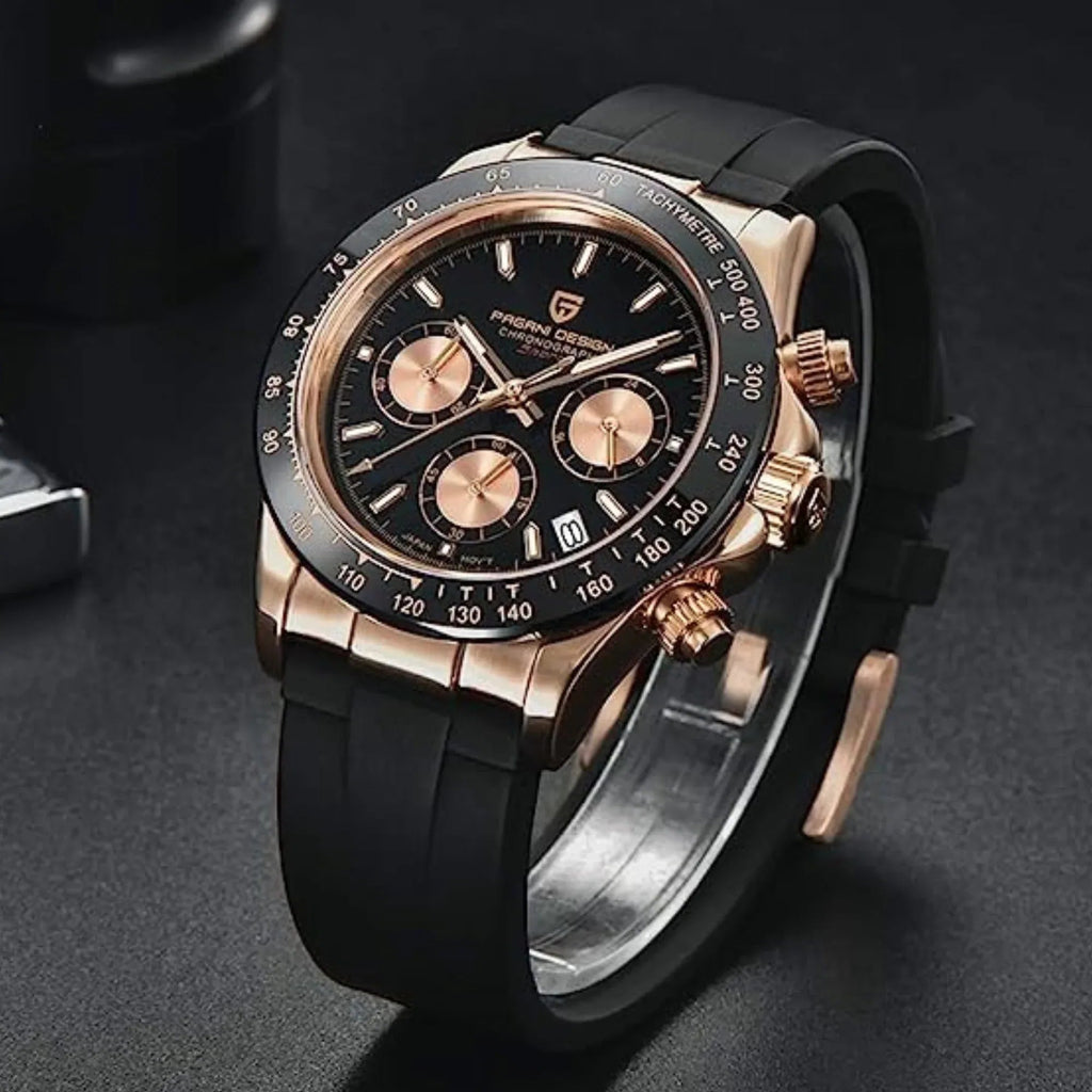 Pagani Design PD-1644 Daytona Chronograph Luxury Meca-quartz Movement (Japanese VK63) | Stainless Steel Men's 40MM Watch - Rose-Gold Black Dial - DREAM WATCHES