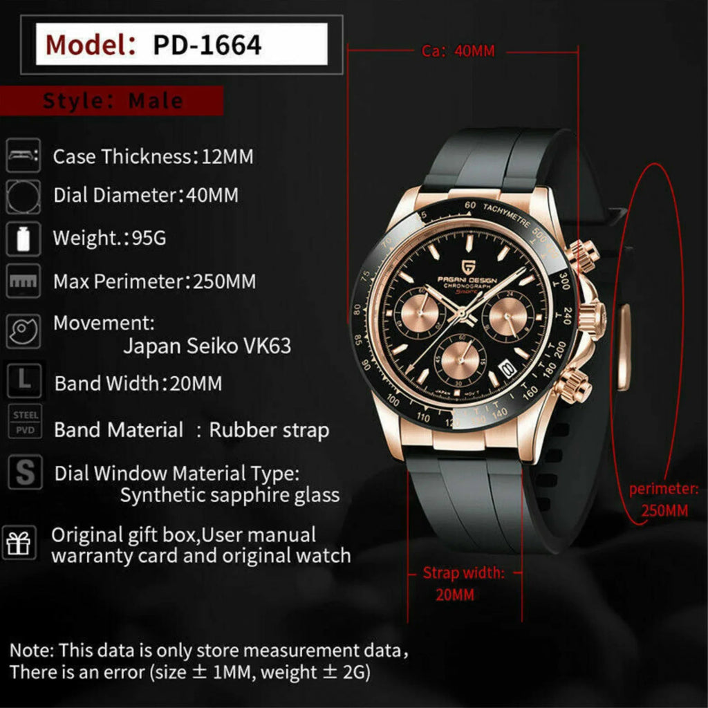 Pagani Design PD-1644 Daytona Chronograph Luxury Meca-quartz Movement (Japanese VK63) | Stainless Steel Men's 40MM Watch - Rose-Gold Black Dial - DREAM WATCHES