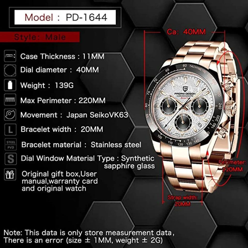 Pagani Design PD-1644 | Luxury | Meca-quartz Movement (SeikoVK63) | Stainless Steel Men's 40MM Watch (Daytona) - Rosè Gold - DREAM WATCHES